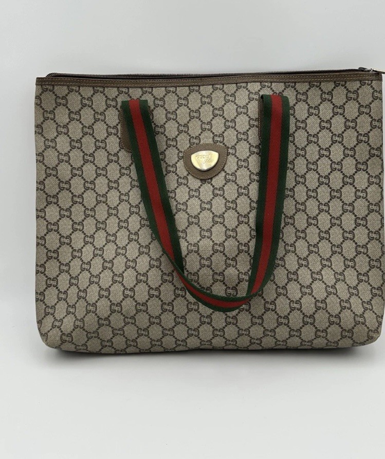 Vtg Gucci Beige Brown GG Canvas Zip-Top Tote Bag Green/Red Web Stripe Handles