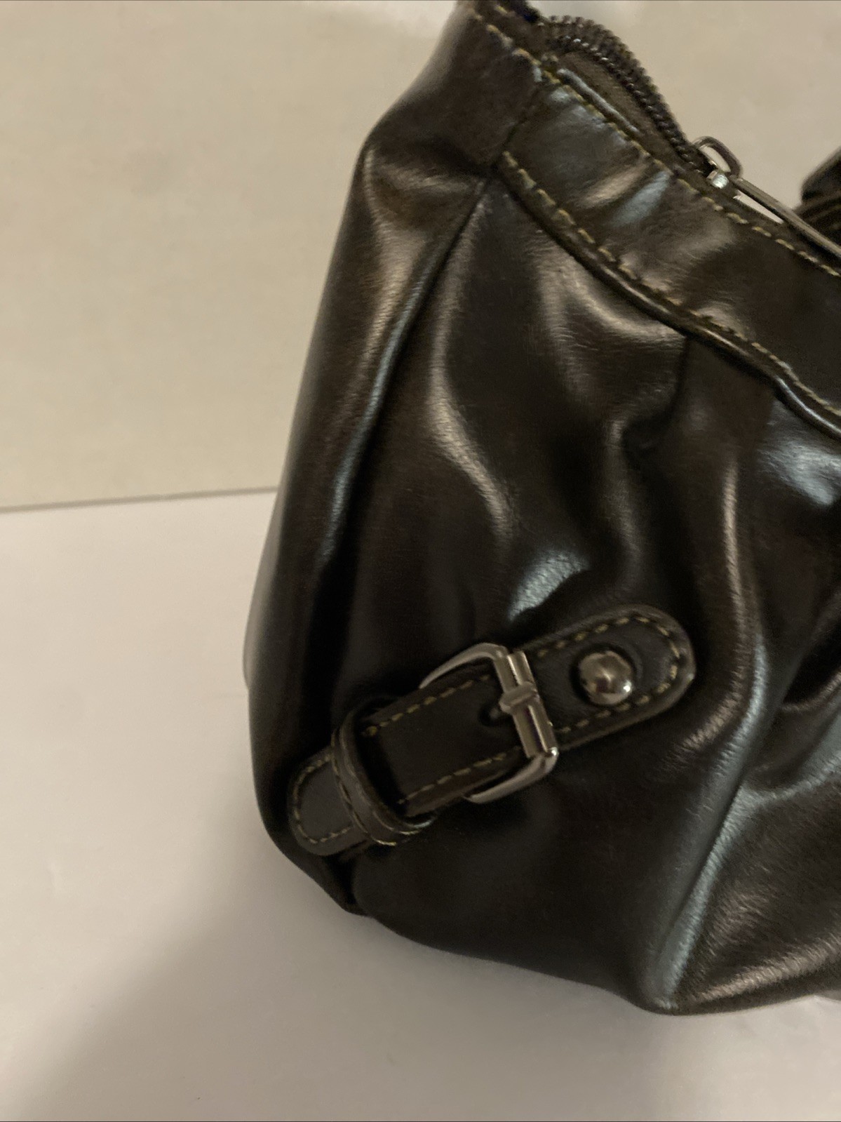 Faux Leather Buckle Front Coffee Brown Shoulder Bag / Purse Snap & Zippered.