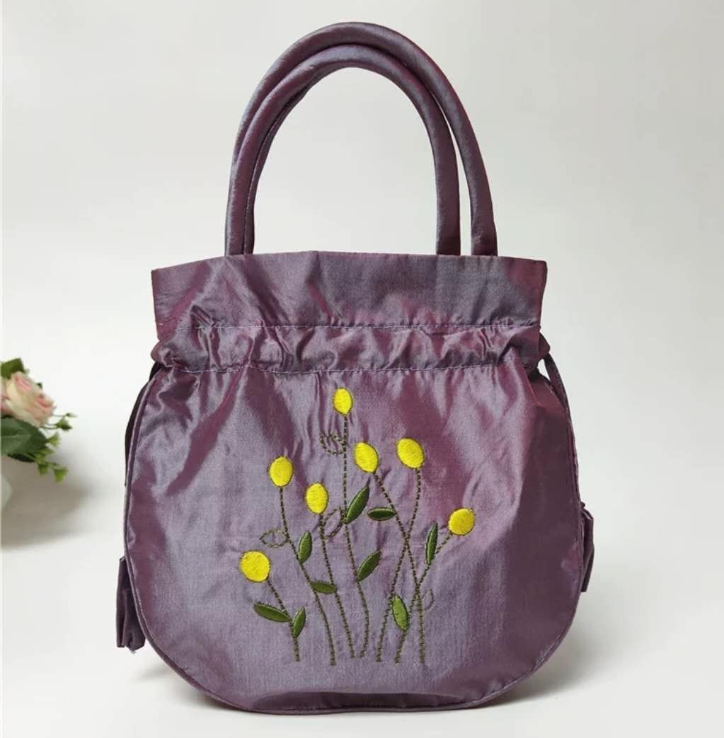 Purple Satin-Look Floral Embroidered Drawstring Satchel Top Handle Double