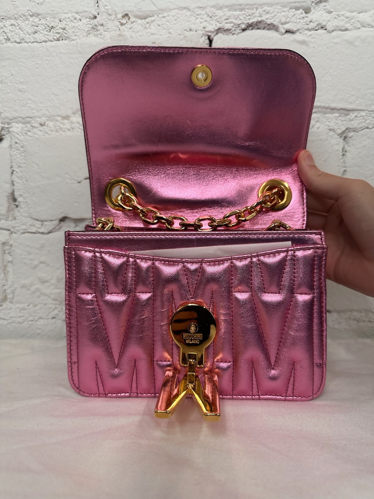 SS23 MOSCHINO Couture Jeremy Scott “M” Pink Purse Quilted Leather Shoulder Bag
