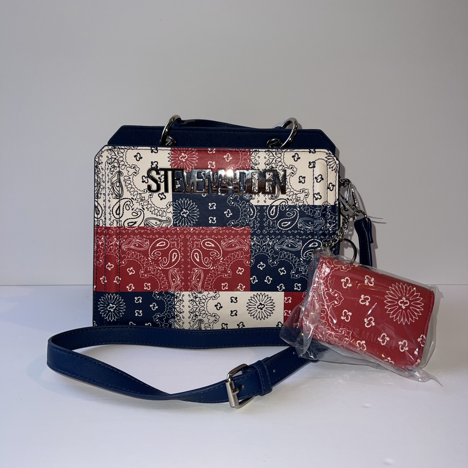 Steve Madden Blue Red White Bandana Patchwork Crossbody Satchel Purse New