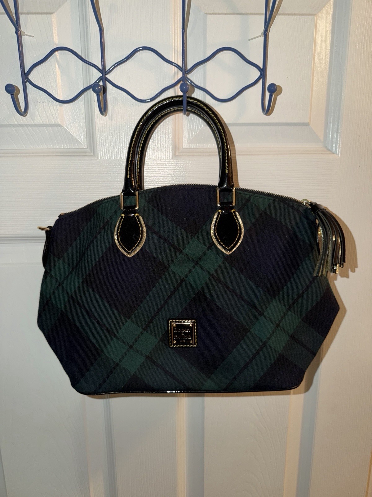 Dooney & Bourke Green/Navy Plaid Satchel Top Handle Zip Tassel Pockets Red