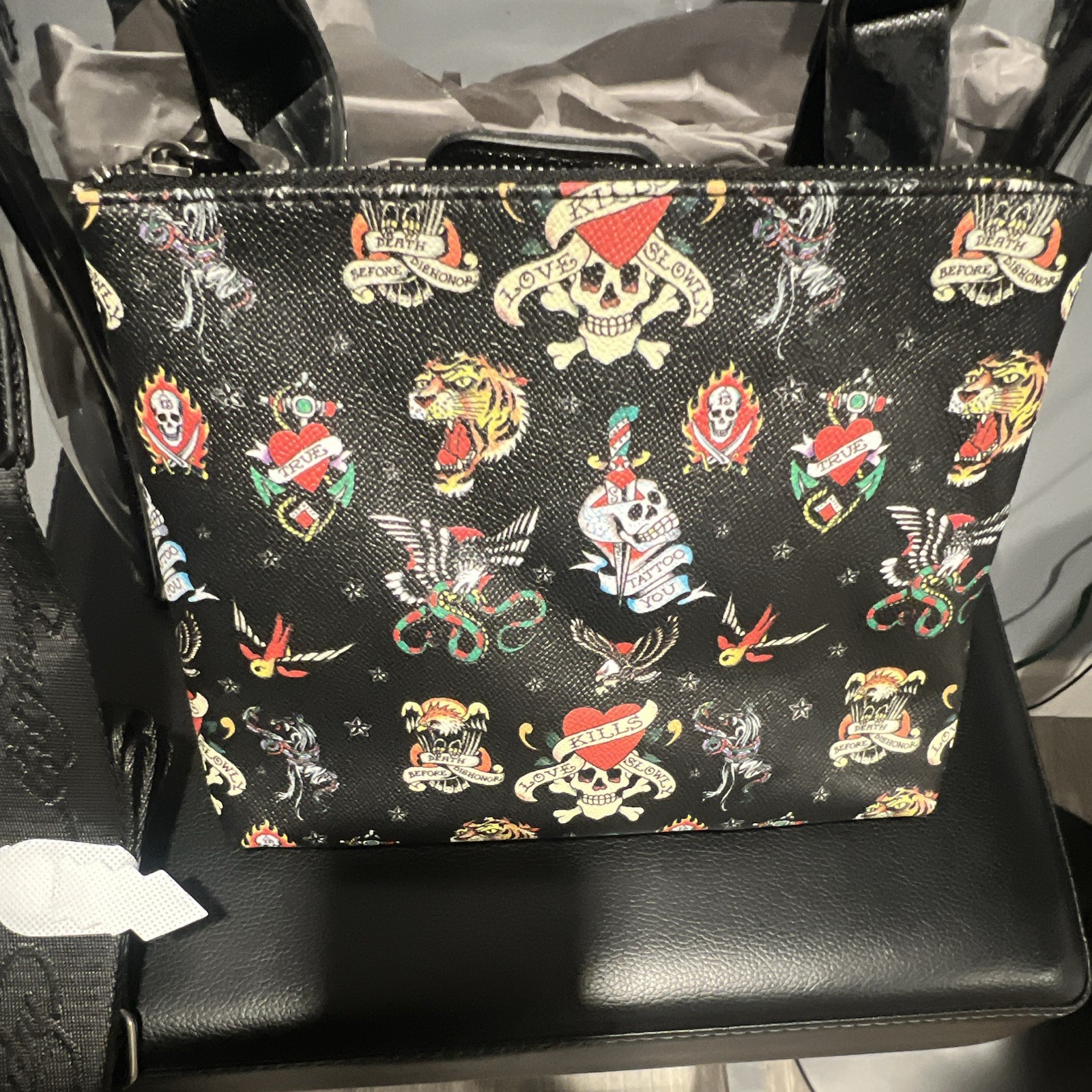 Ed Hardy Clear/Black Large Tote Zip Top w/ Detachable Strap & Tattoo Pouch