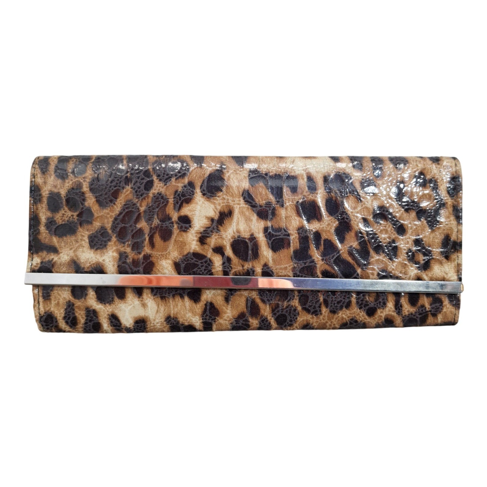 Forever 21 Women’s Leopard Print Envelope Clutch Bag Brown Tan Silver Bar Detail