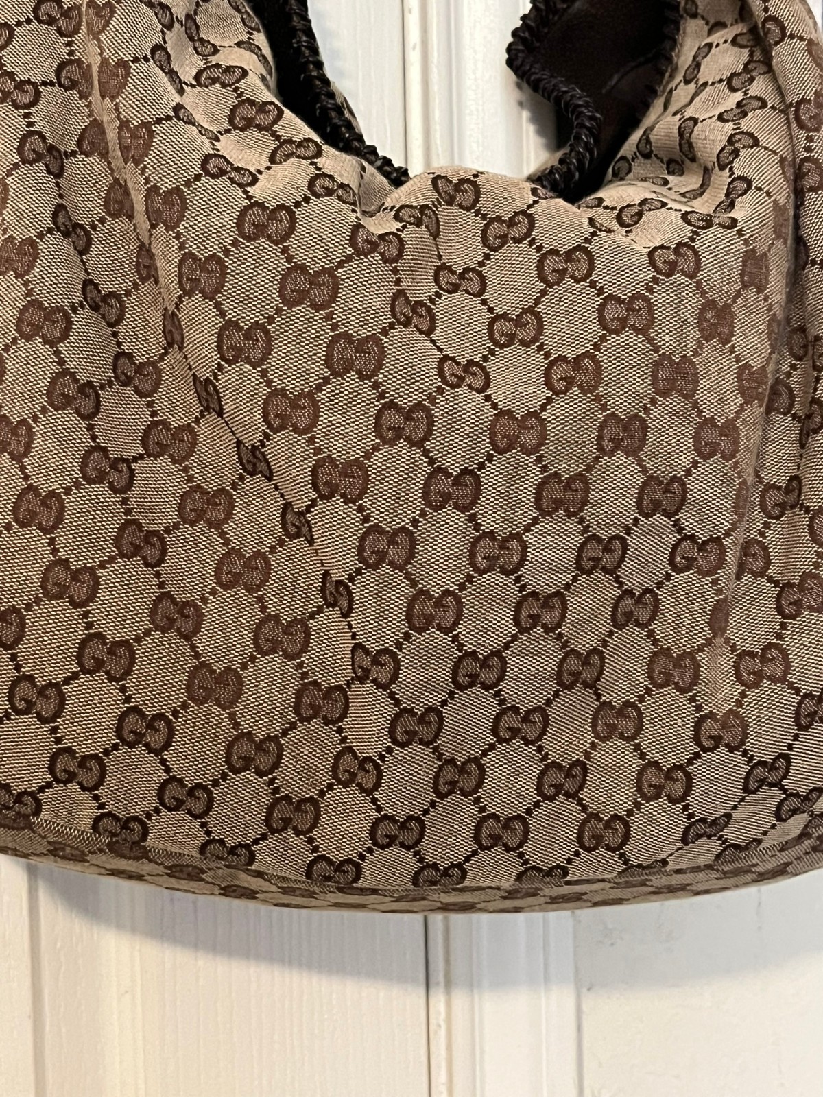 Authentic Gucci Large Horsebit Hobo GG Beige Monogram Canvas Leather Trim 114900