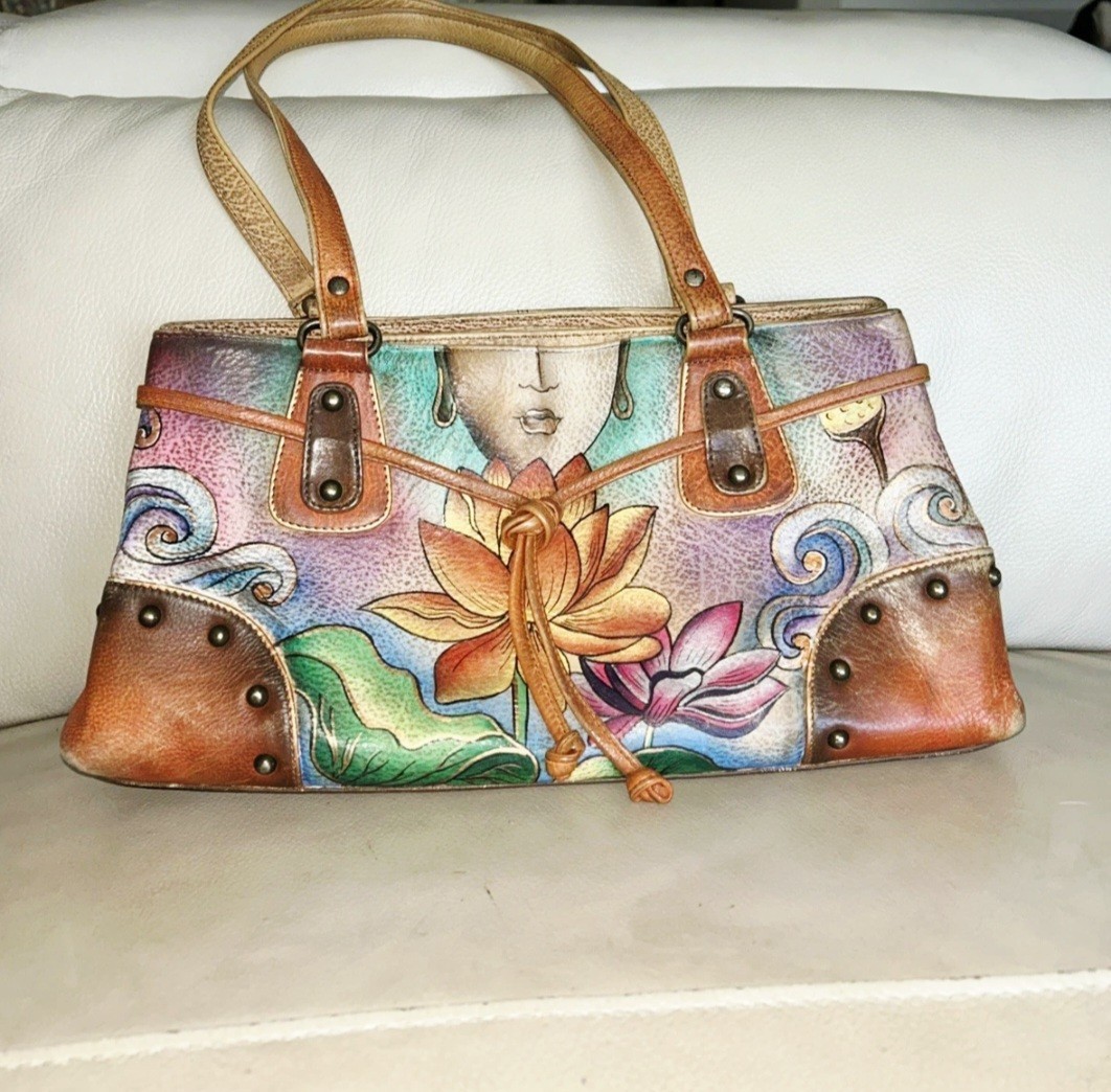 Anuschka handbag . Hand painted leather handbag. Multi colored woman floral