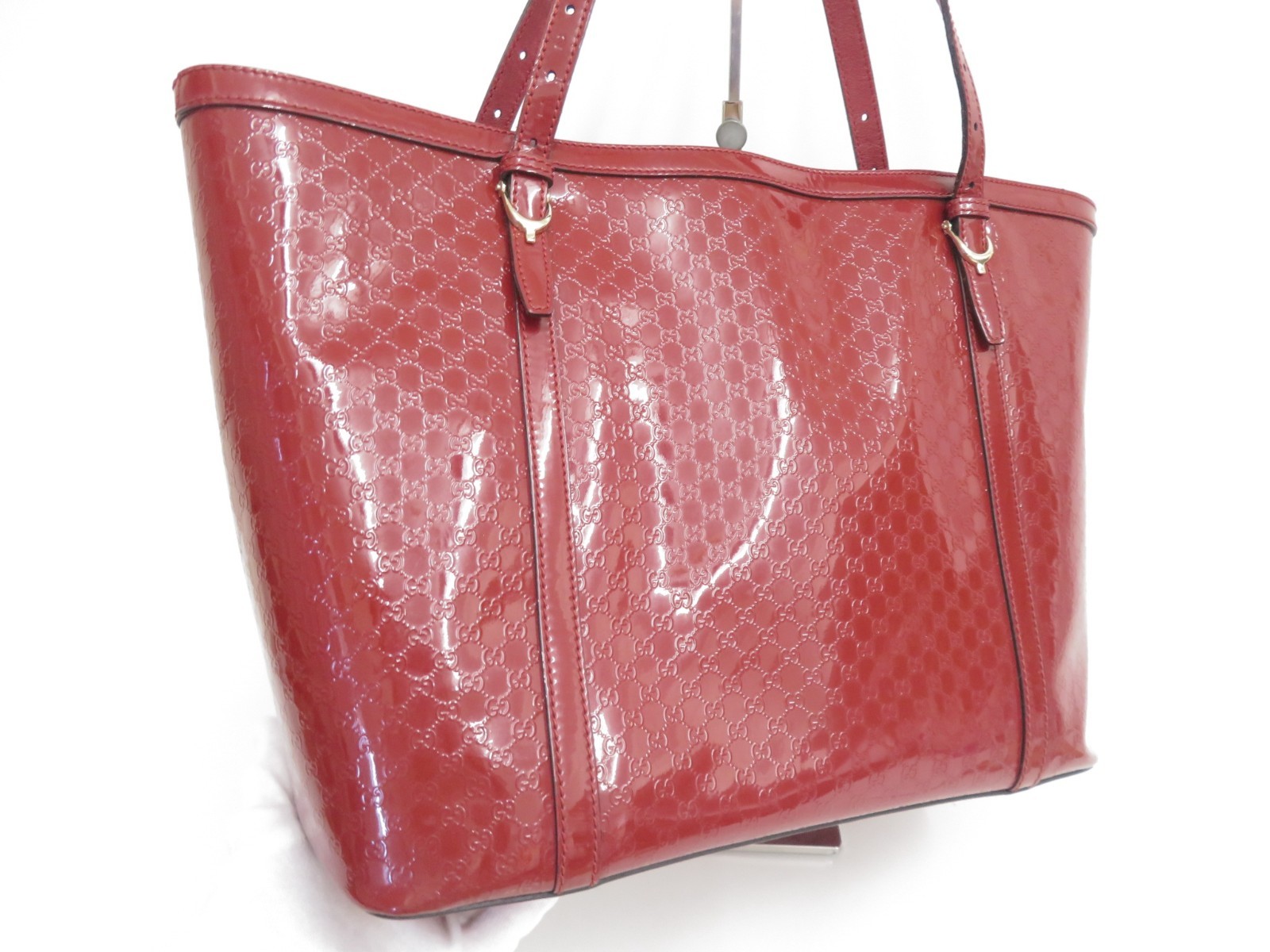 Authentic Gucci Micro GG Patent Leather Tote Hand Bag I#48436