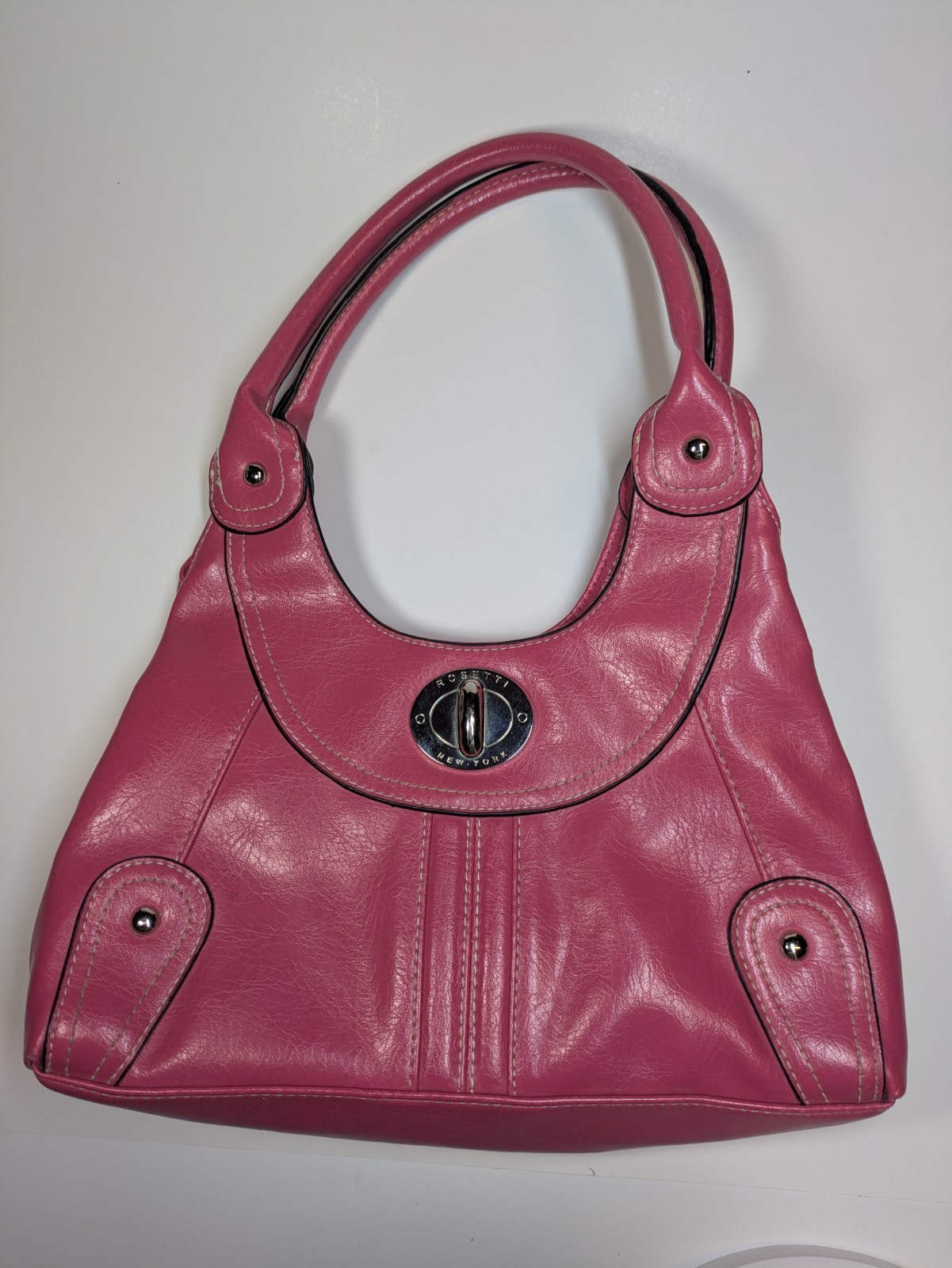 Rosetti New York Purse Shoulder Bag Faux Leather Vinyl Fushia HotPink Silver