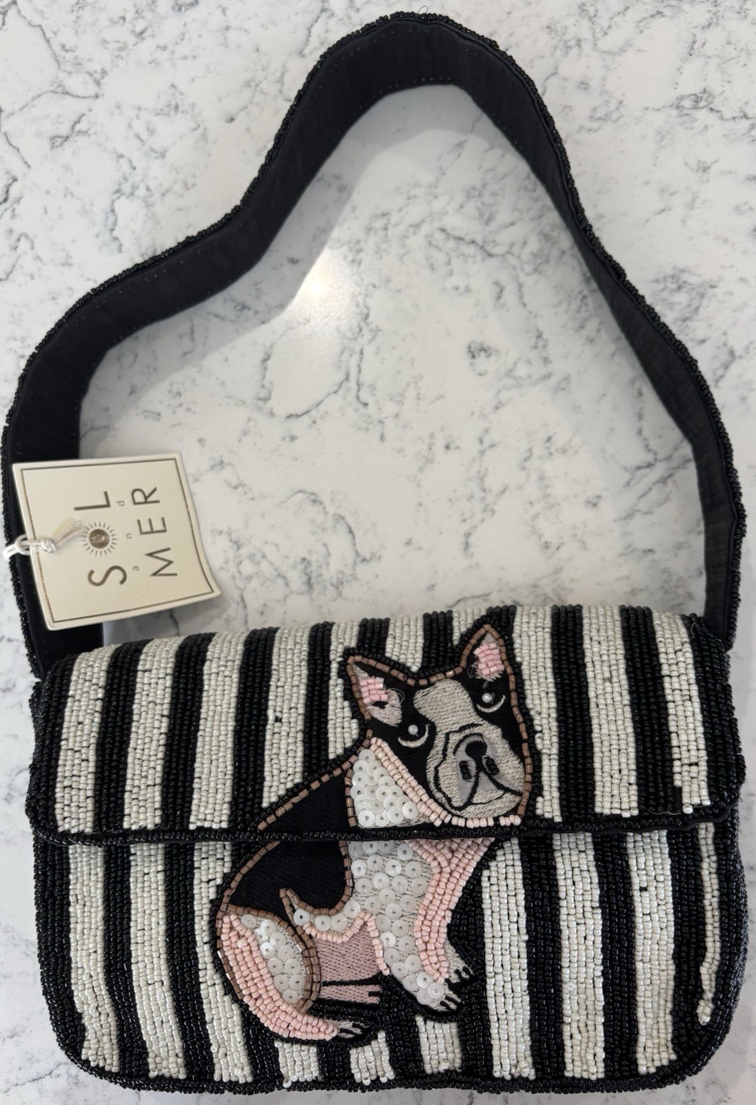 Brand new Sol and Mer Women’s Small Striped Beaded Shoulder Bag French Bulldog.