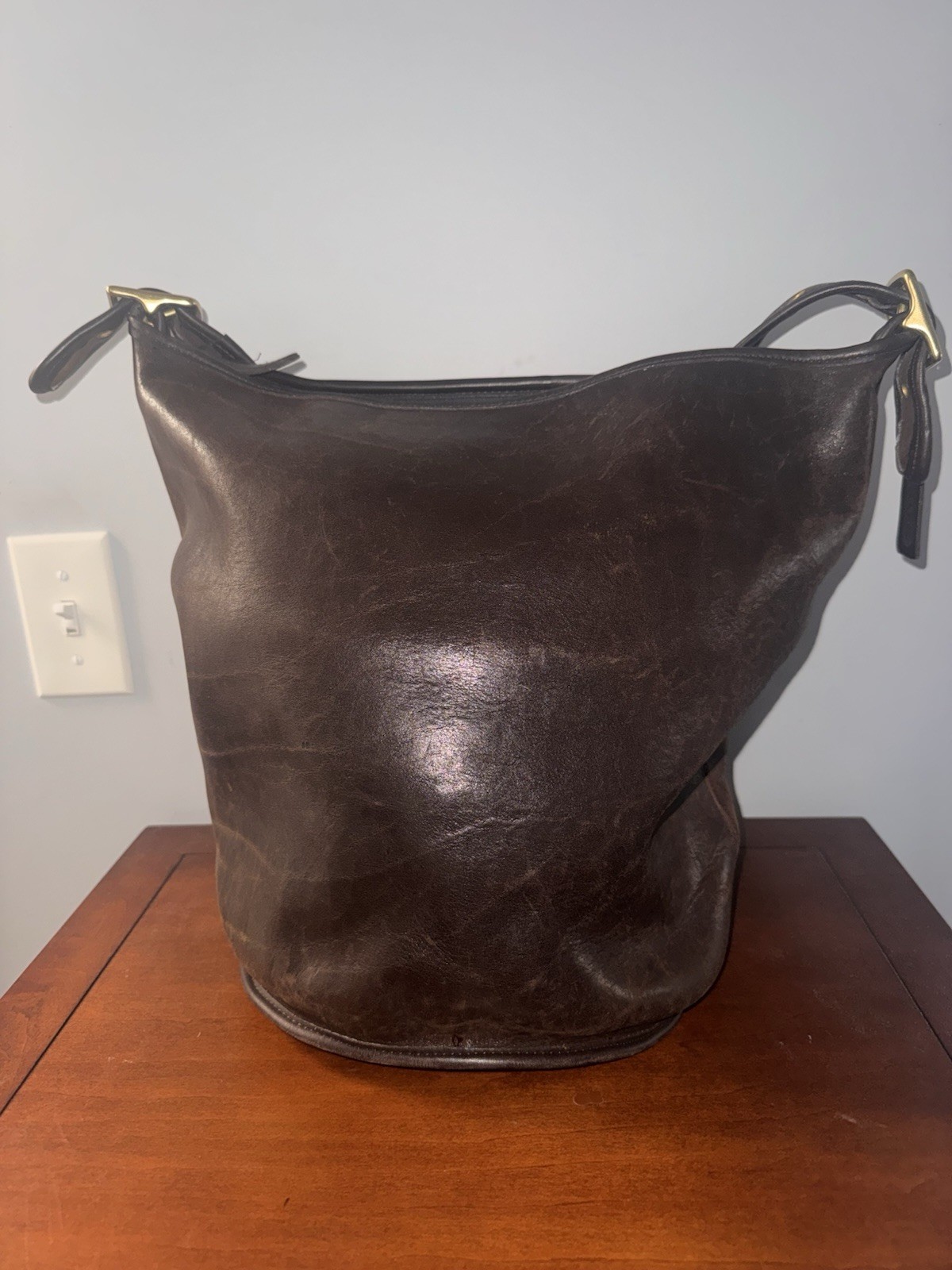 RARE – COACH 70s-80s Brown Leather & Brass Feed Tote Bag W/Tag & Separate Serial