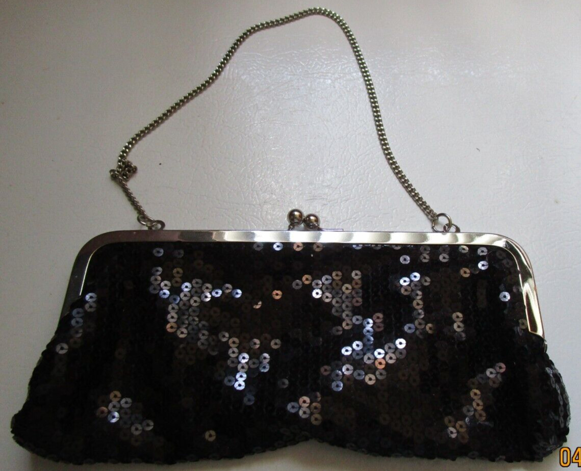 Ann Taylor Loft Black Sequin Evening Bag 9 in long 4.5 in tall w chain handle