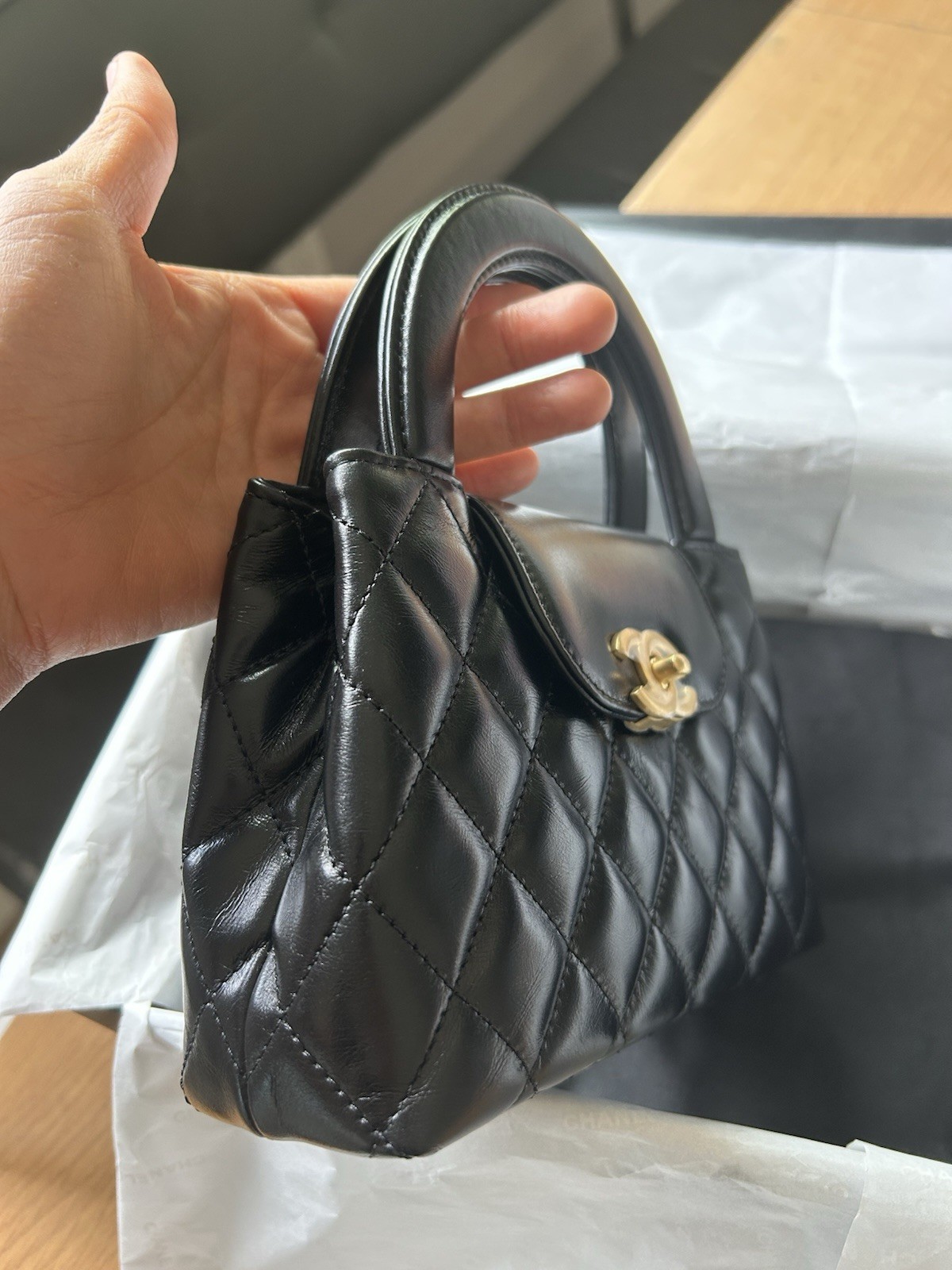 NEW Chanel Mini Kelly Top Handle Aged Calfskin Bag Black Brushed Gold Hardware