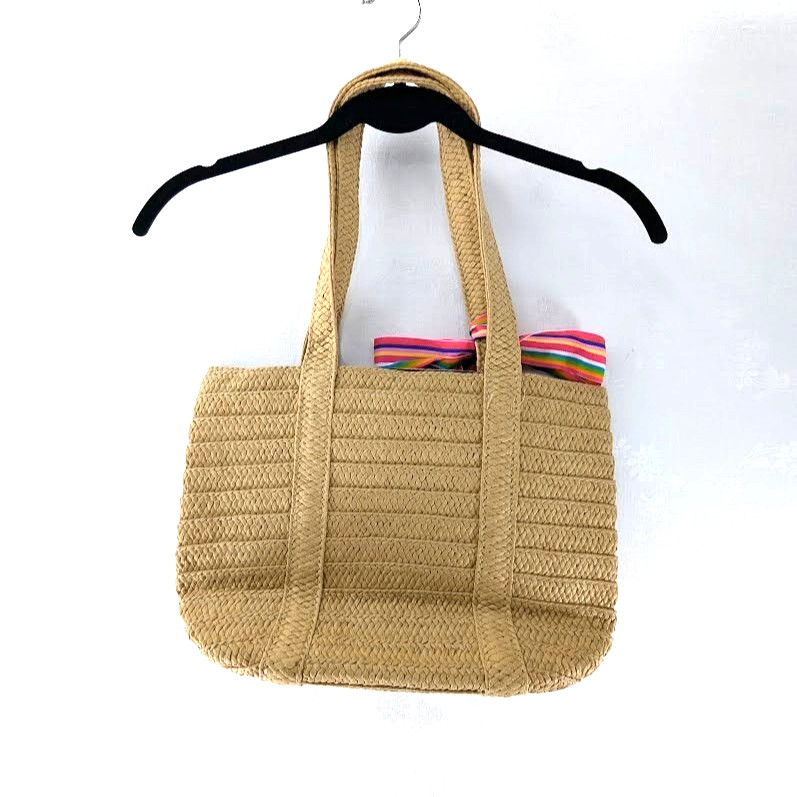 Draper James Everyday Straw Tote Bag Paint Flamingo Grosgrain Ribbon Womens NEW