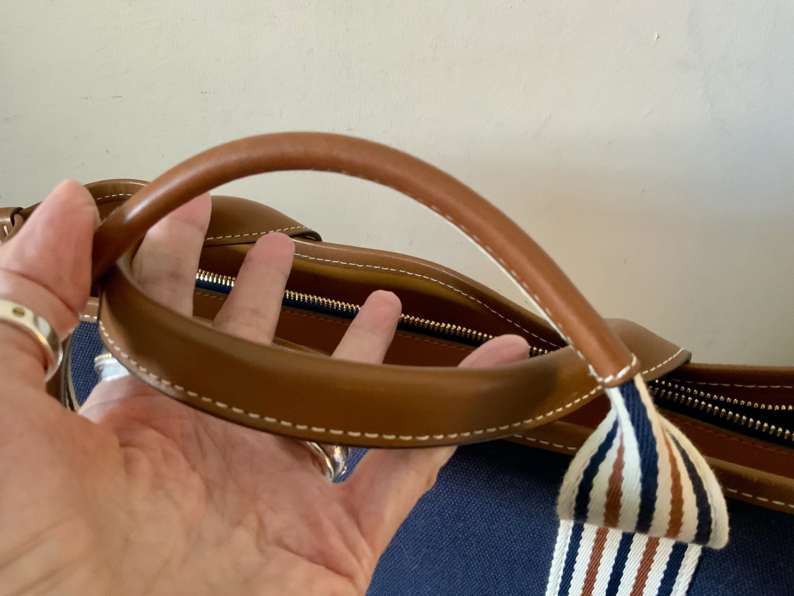 TORY BURCH PERRY MULTI STRIPE LOGO CANVAS & LEATHER TOTE BAG