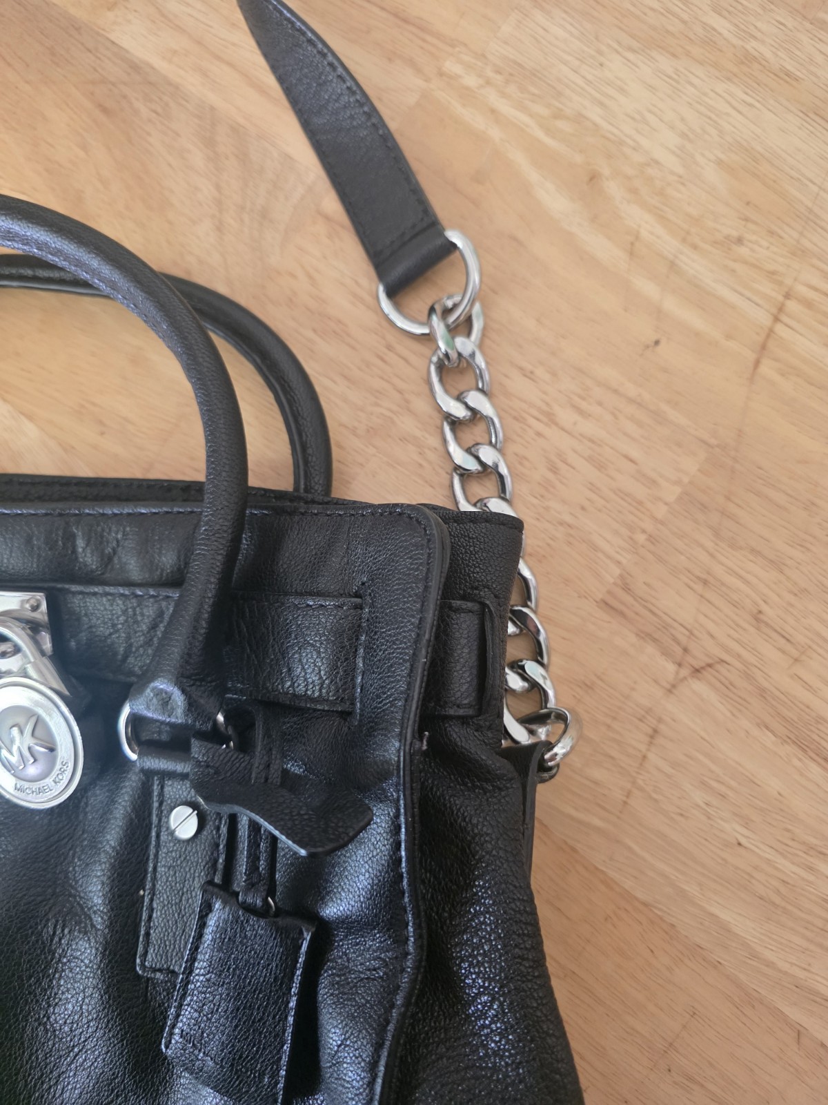 Michael Kors Black Satchel Top Handle Bag w/ Silver Lock, Chain Strap Leather