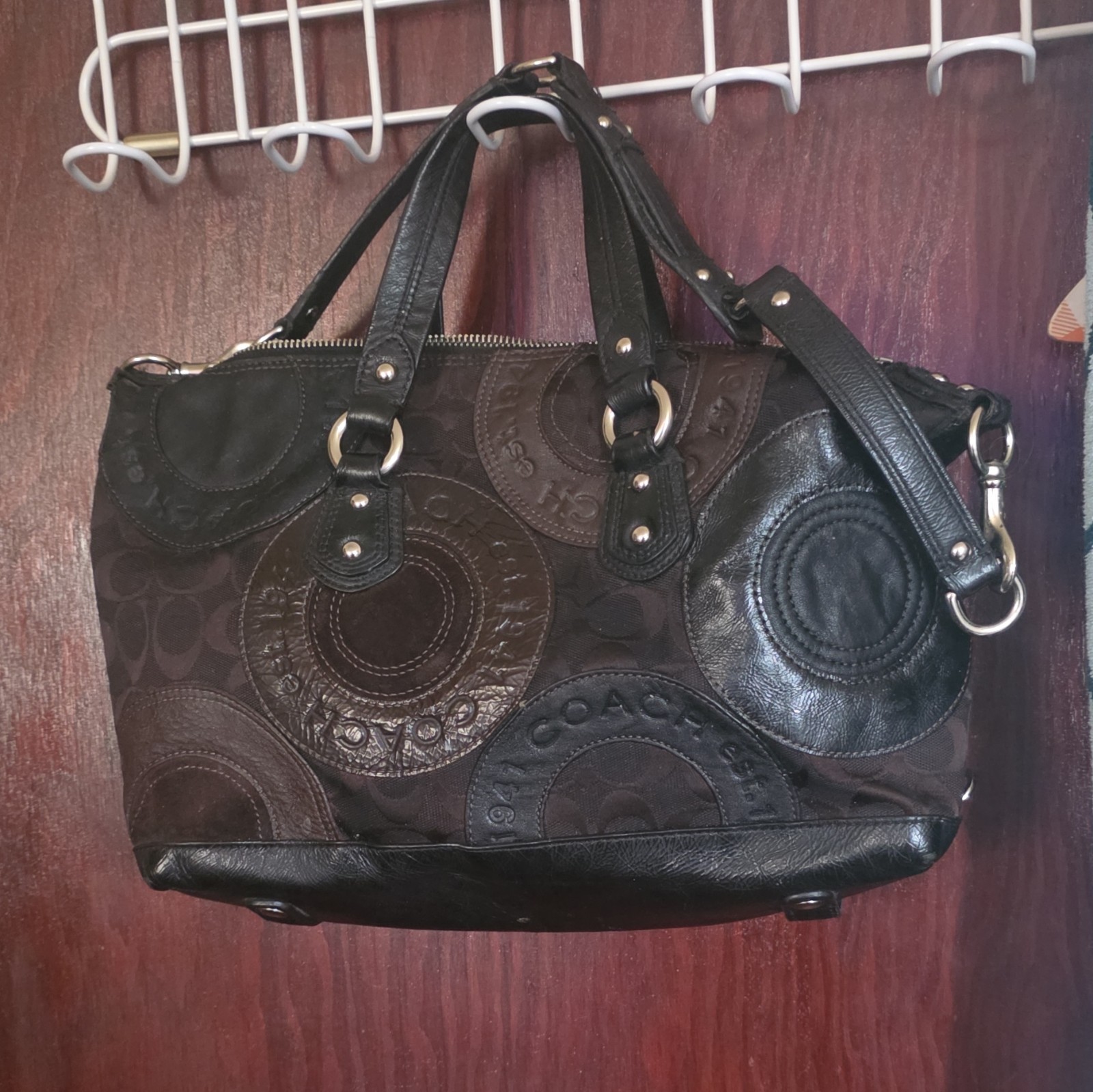 Coach East West Patchwork Ashley Satchel Bag Purse Chocolate Brown & Black