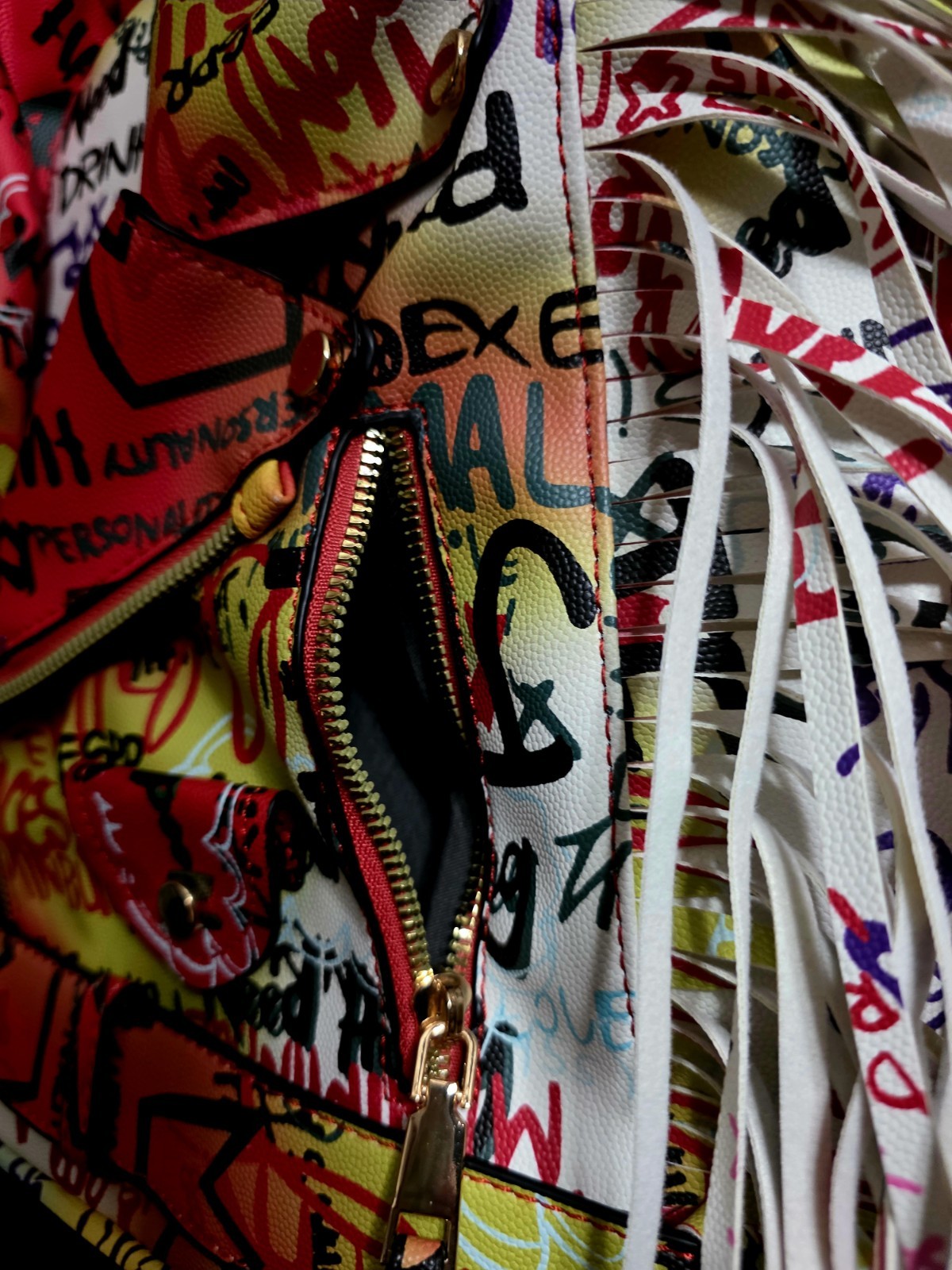 Women’s Multicolor Graffiti Print Satchel Top Handle Zip Fringe Strap Pockets