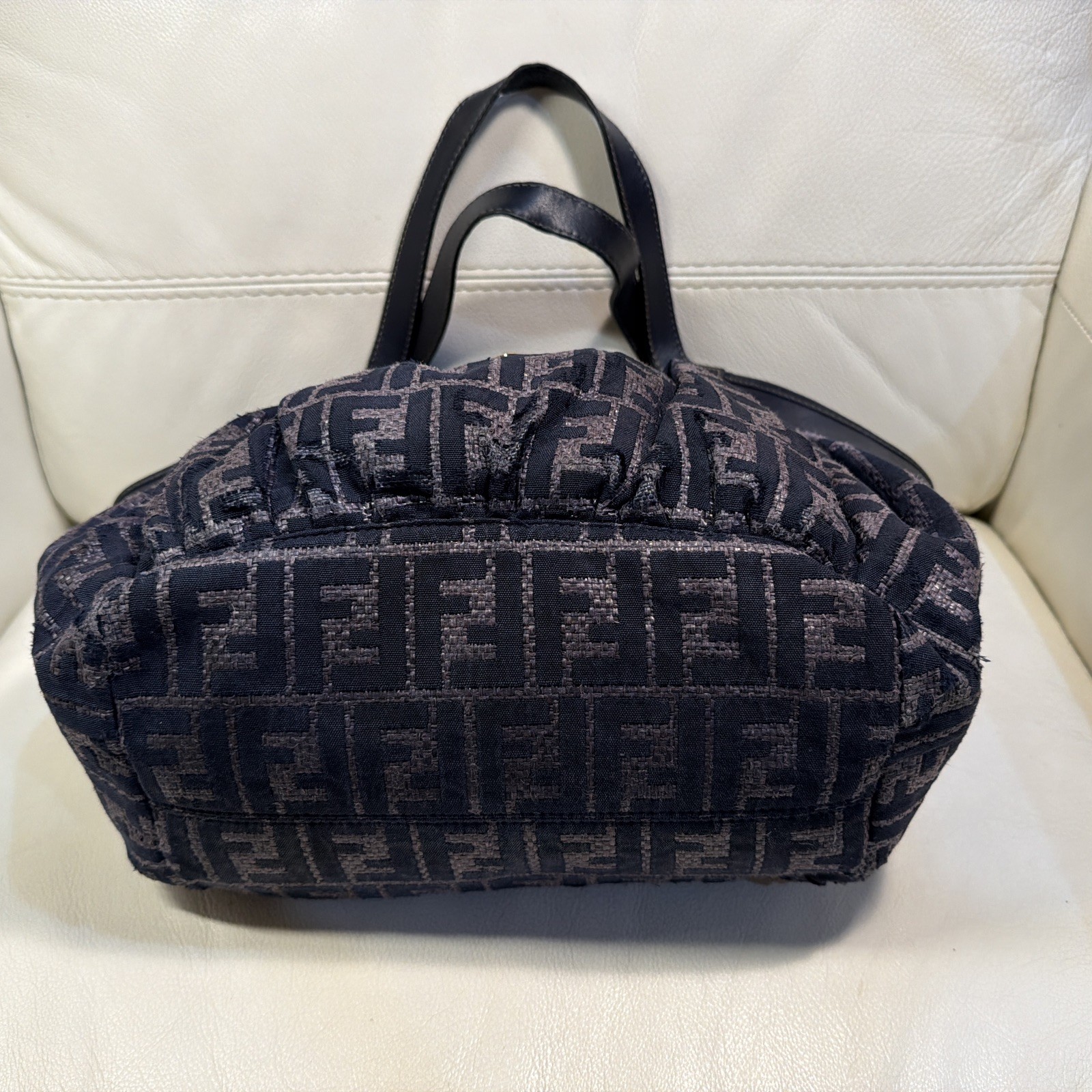 FENDI Zucca Navy Beach Tote Raffia And Leather Bag