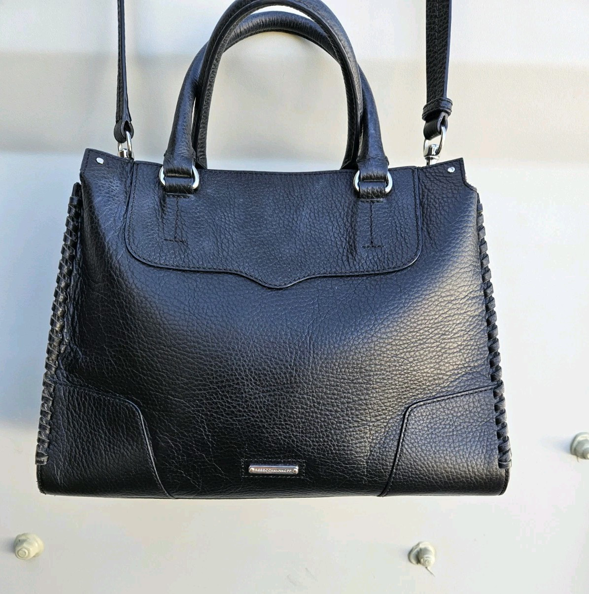 Rebecca Minkoff Black Leather Crossbody Bag Leather Lace Edges 12×10 Inches