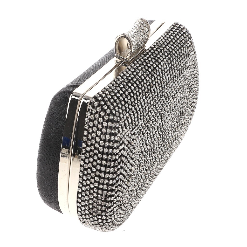 Silver Tone Metal Glitter Fabric Rhinestone Clutch Evening Bag TLX172-BLK
