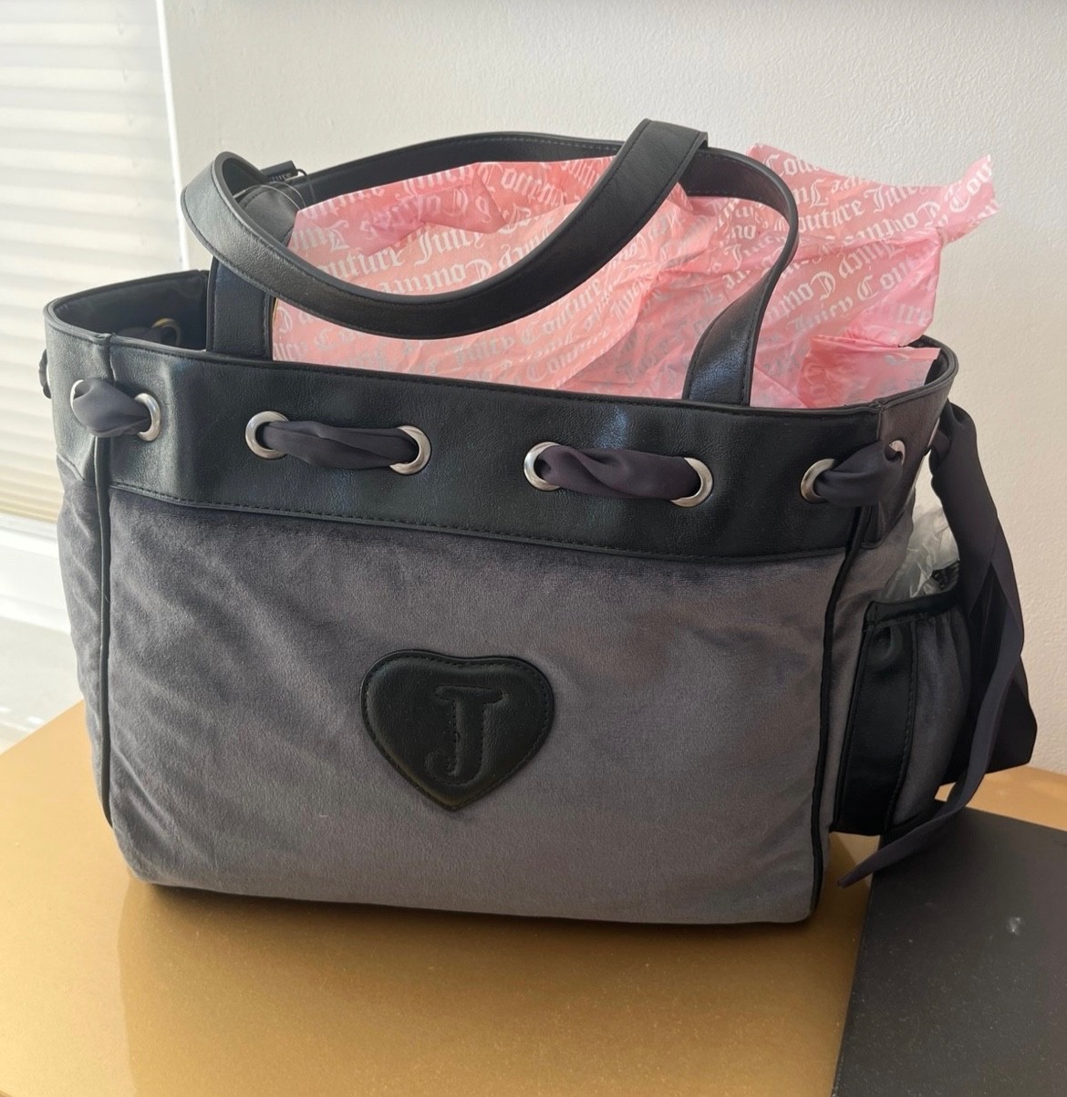 Juicy Couture Bag Daydreamer Purse Gray Pink Logo Ribbon Y2K Rare UK 2000s