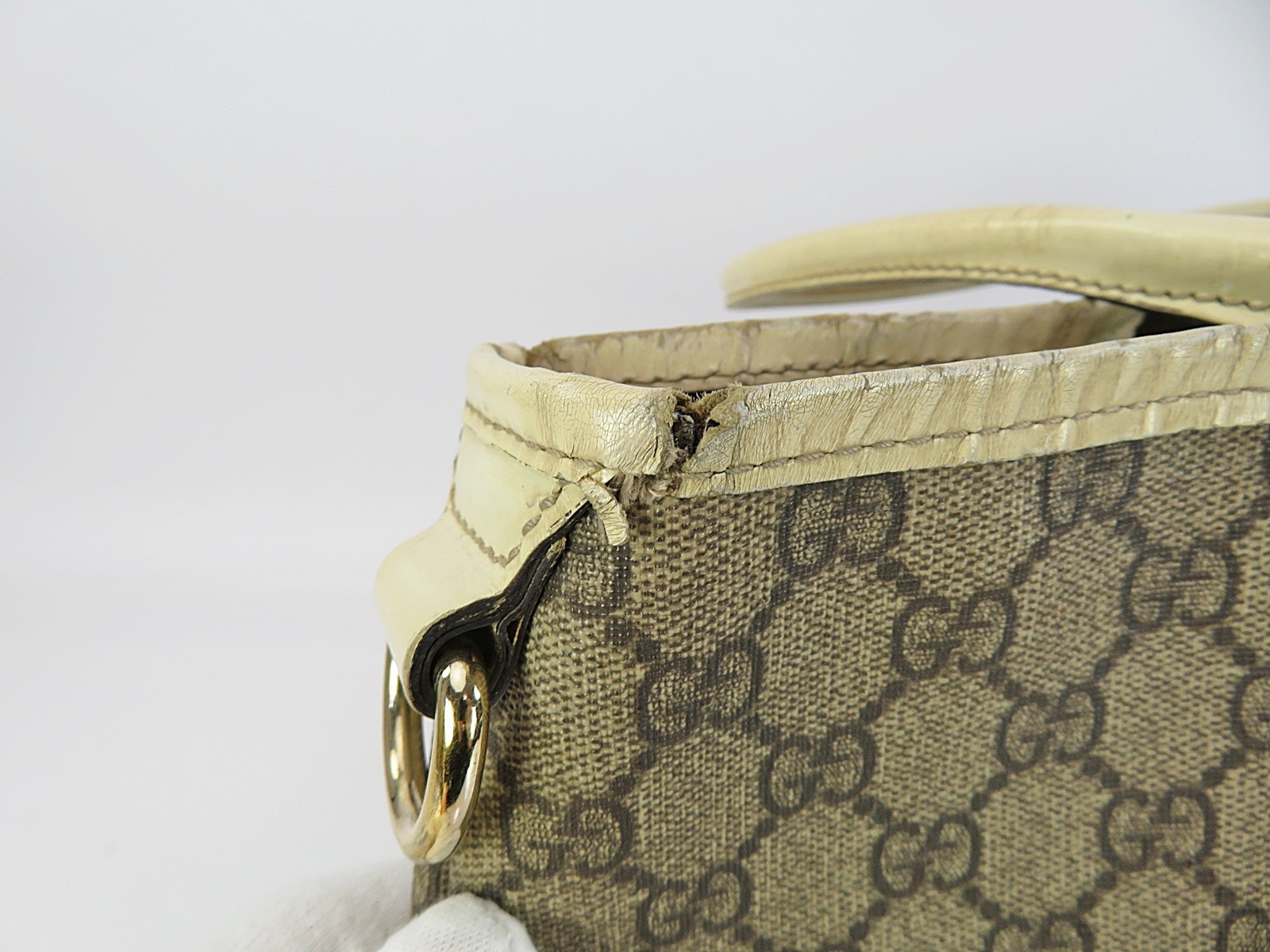 Auth GUCCI Joy Brown GG PVC Canvas and Off-White Leather Supreme Tote Bag #64223