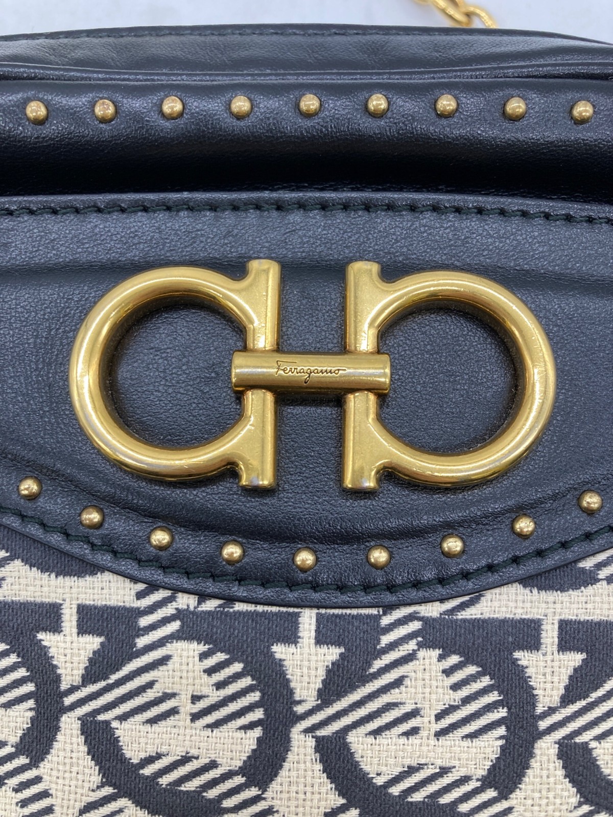 SALVATORE FERRAGAMO Camera Bag Gancini Canvas Leather Beige Authentic From Japan