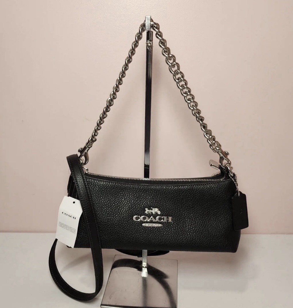 Coach Charlotte Silver Black Pebbled Leather Chain Shoulder Crossbody Bag NWT