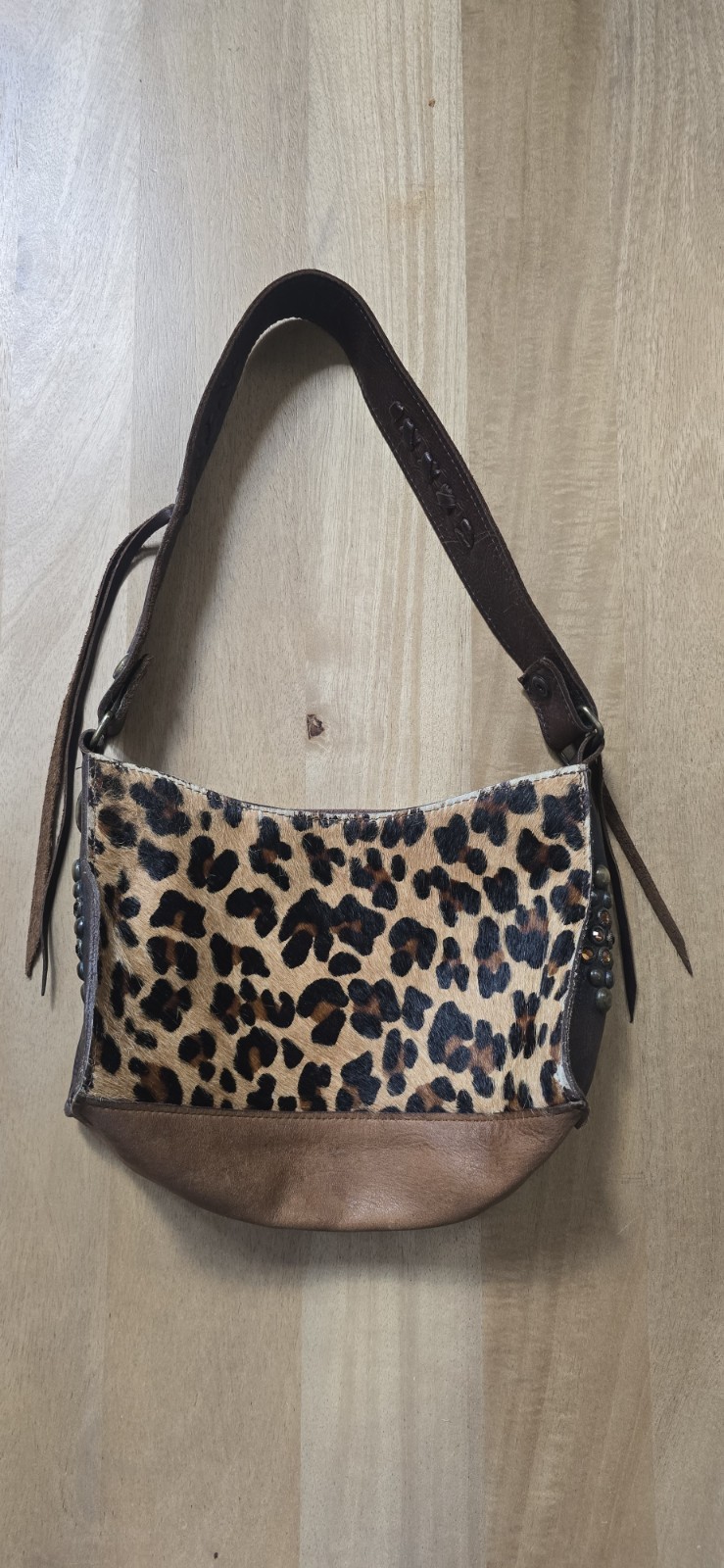 Two Bar West Leopard Hair on Hide Leather Shoulder Bag Studded Rhinestone…