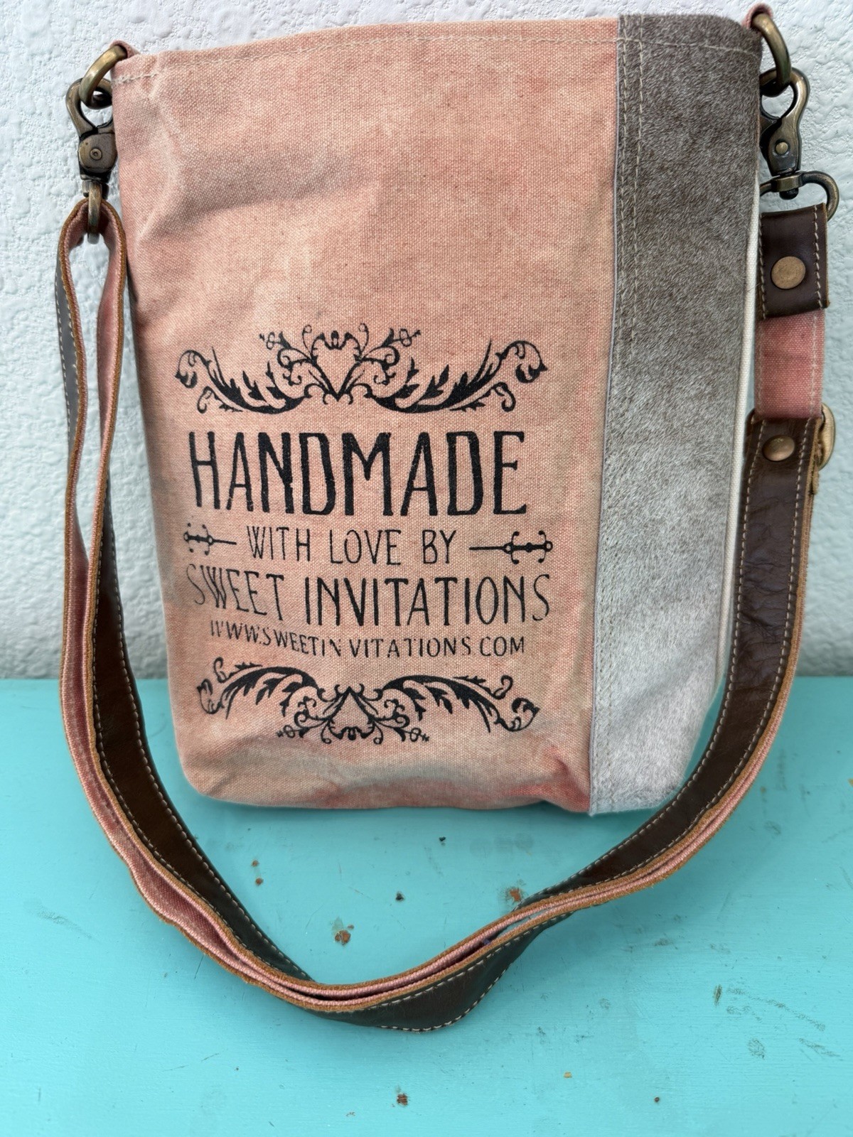 Sweet Invitations Shoulder Bag Printed Design Pink Gray Handmade Adjustable Str…