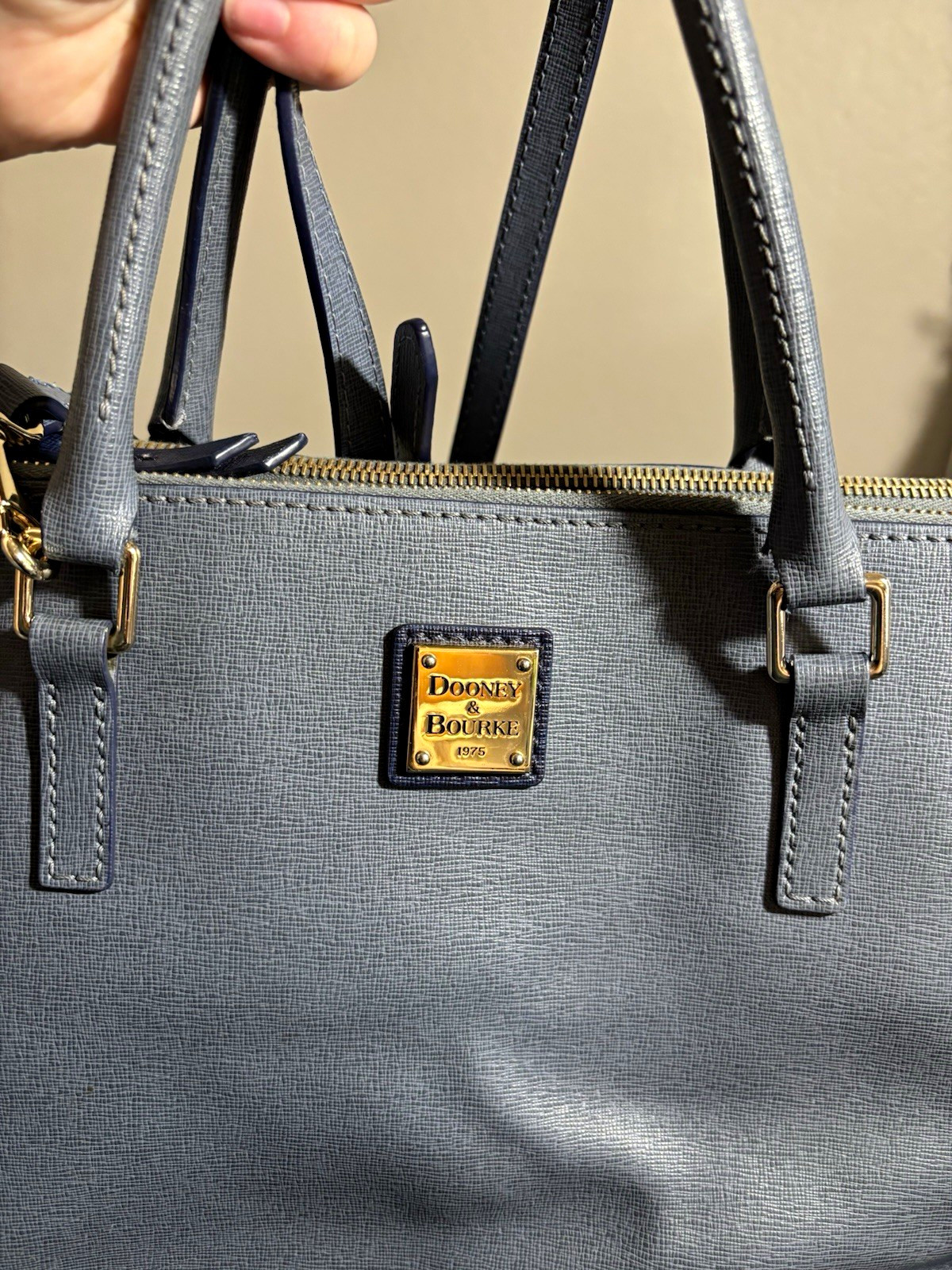 Dooney & Bourke Blue/grey satchel. Large enough to fit laptop. Red interior.