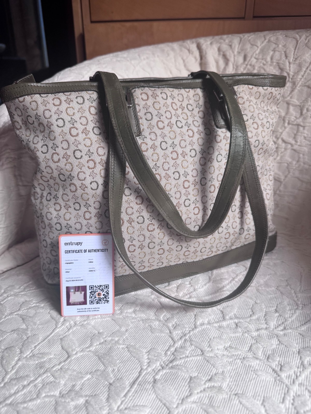 CELINE Macadam Tote Leather Canvas C logo Y2K Handbag Shoulder Bag Green Beige
