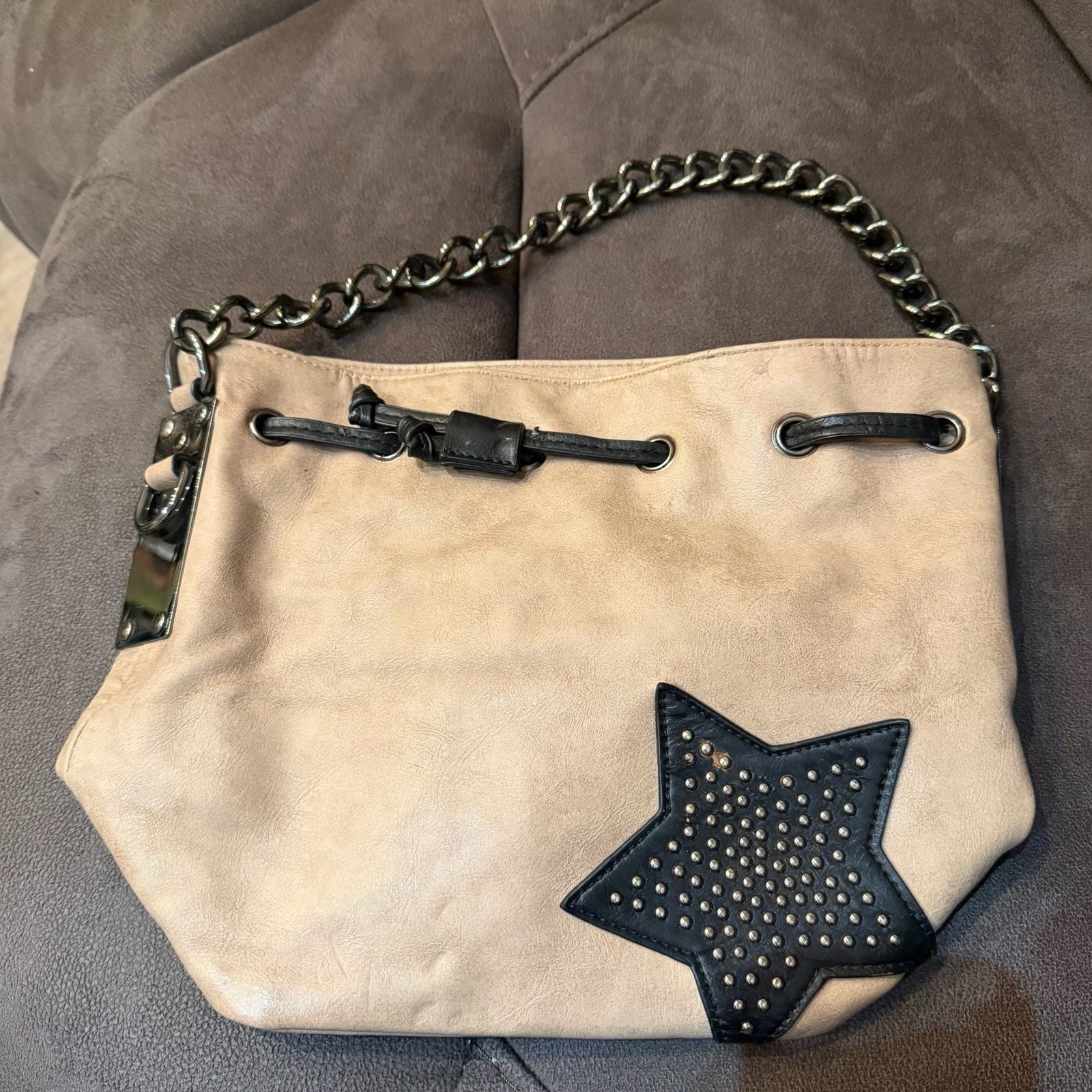 Urban Expressions Cream Drawstring Hobo Bag with Studded Star Accent and Chain