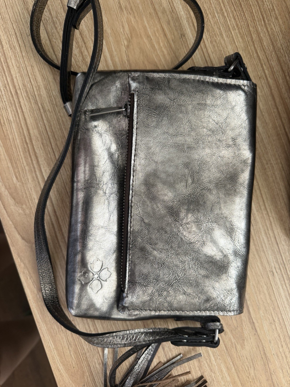 Patricia Nash Metallic Pewter Leather Crossbody Bag Tassel Genuine Leather
