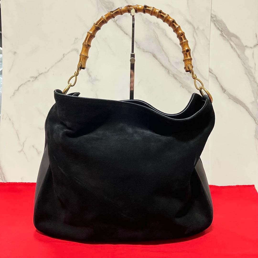 Excellent Condition GUCCI Bamboo Handbag Shoulder Suede Black