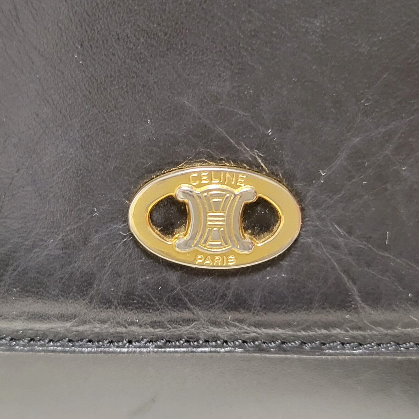 CELINE Shoulder Bag Purse Triomphe Leather Black Vintage