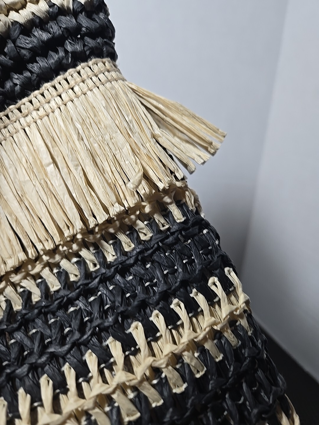 Woven Stripe Straw Tote Bag with Fringe Natural/Black Stripe 16 x 16
