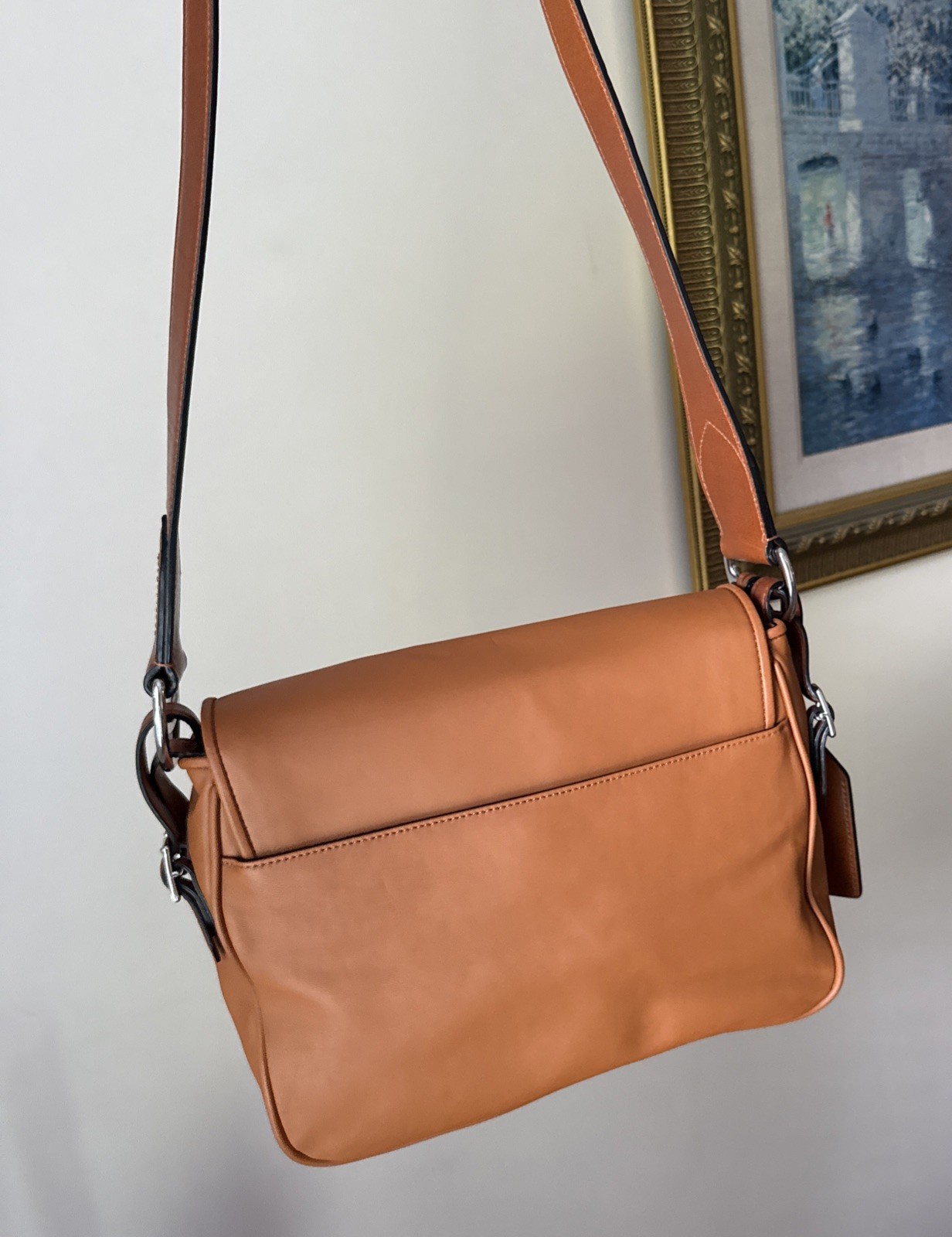 Ralph Lauren Horsebit Leather Shoulder Crossbody Purse Tan Silver Equestrian RLL