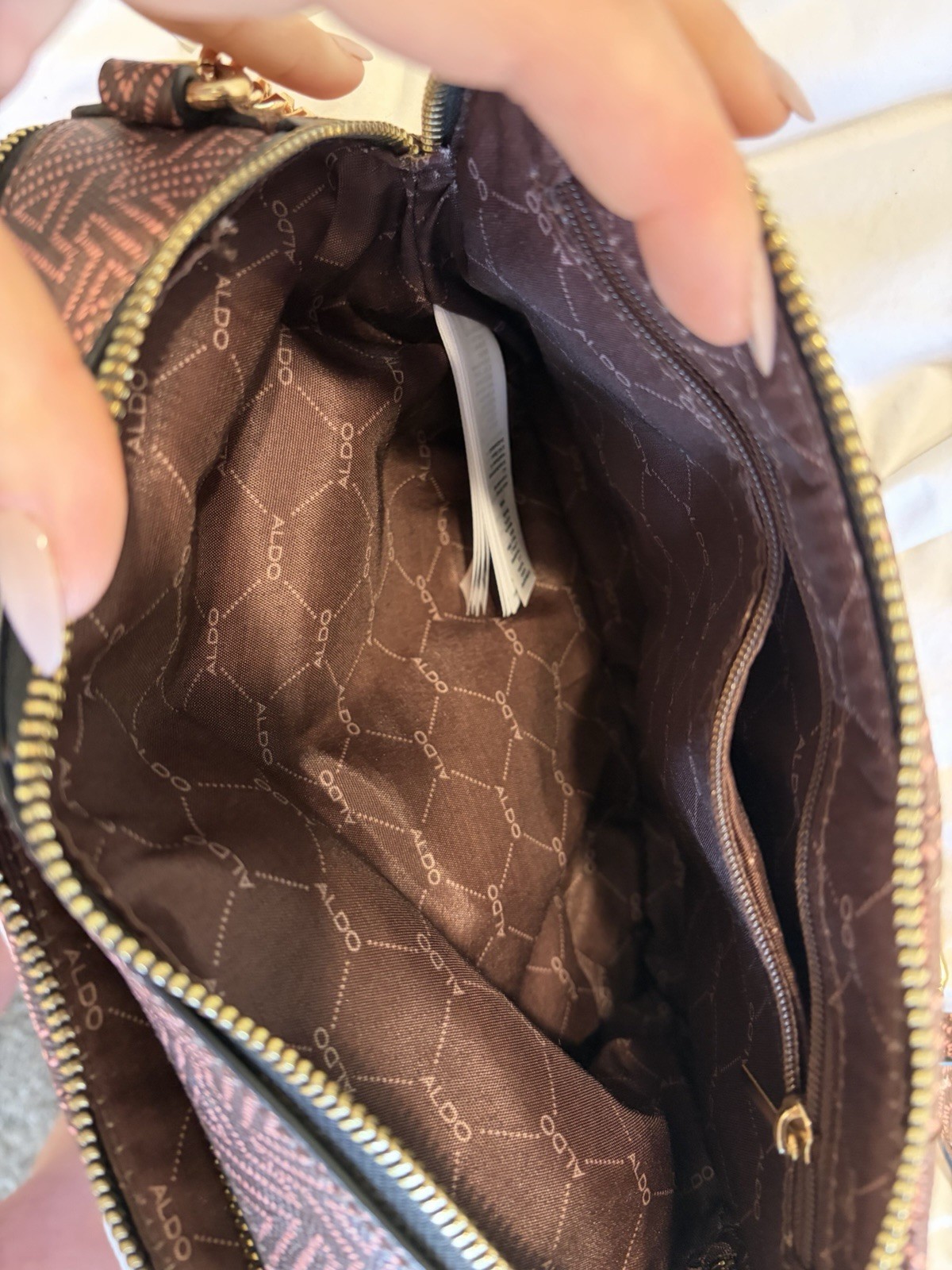 ALDO Brown Geometric Crossbody Bag Gold Chain Strap Tassel Zip Closure Pockets