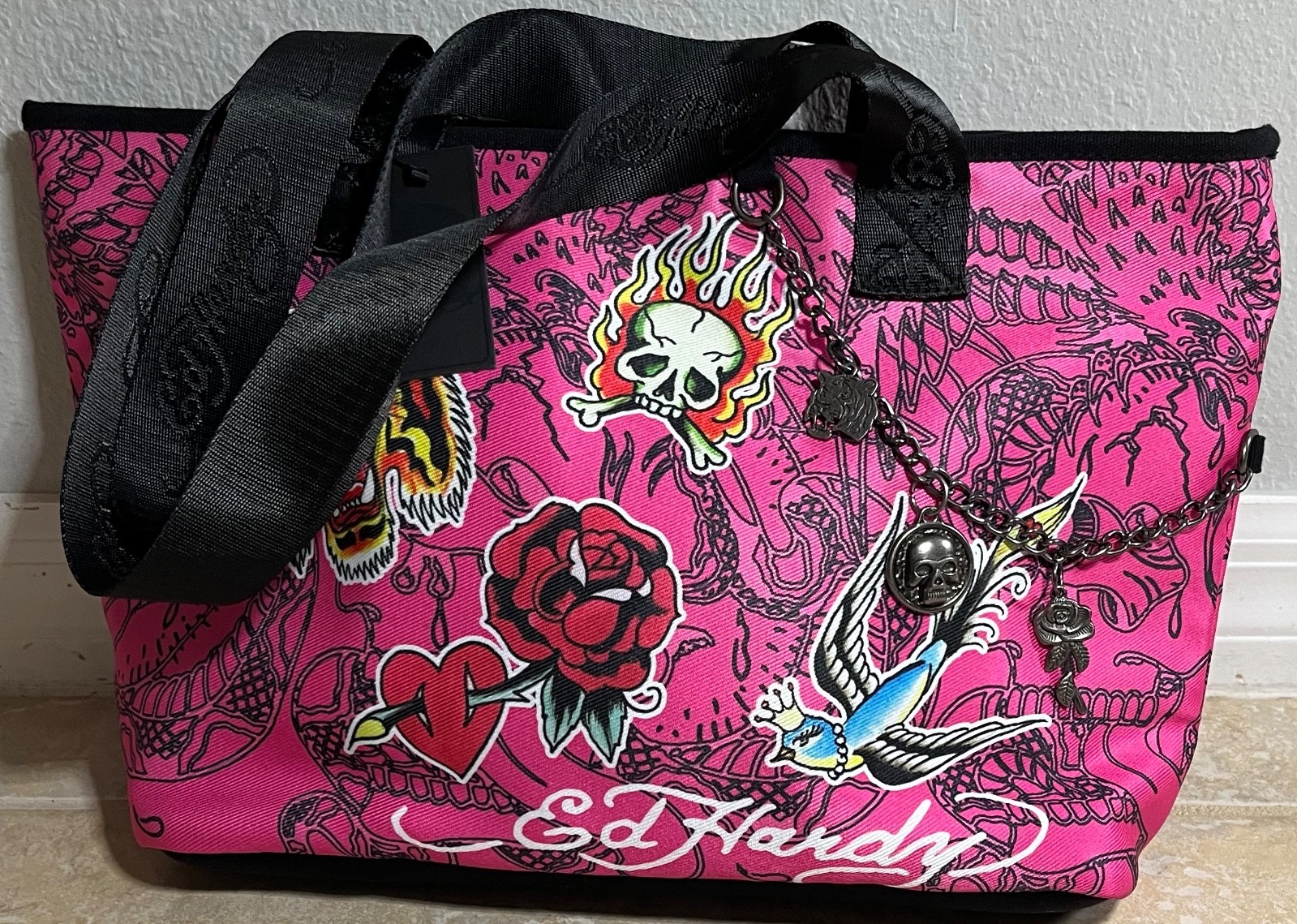 Ed Hardy Pink Tote Bag – Flaming Skulls, Roses & Tiger Print