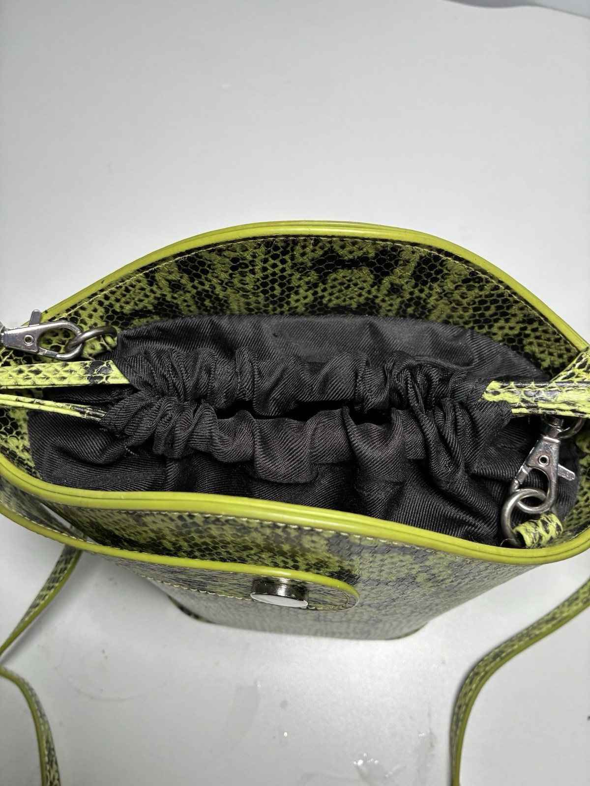 Yellow Snake Print Bucket Shoulder Bag with Adjustable Strap and Silver Hardware