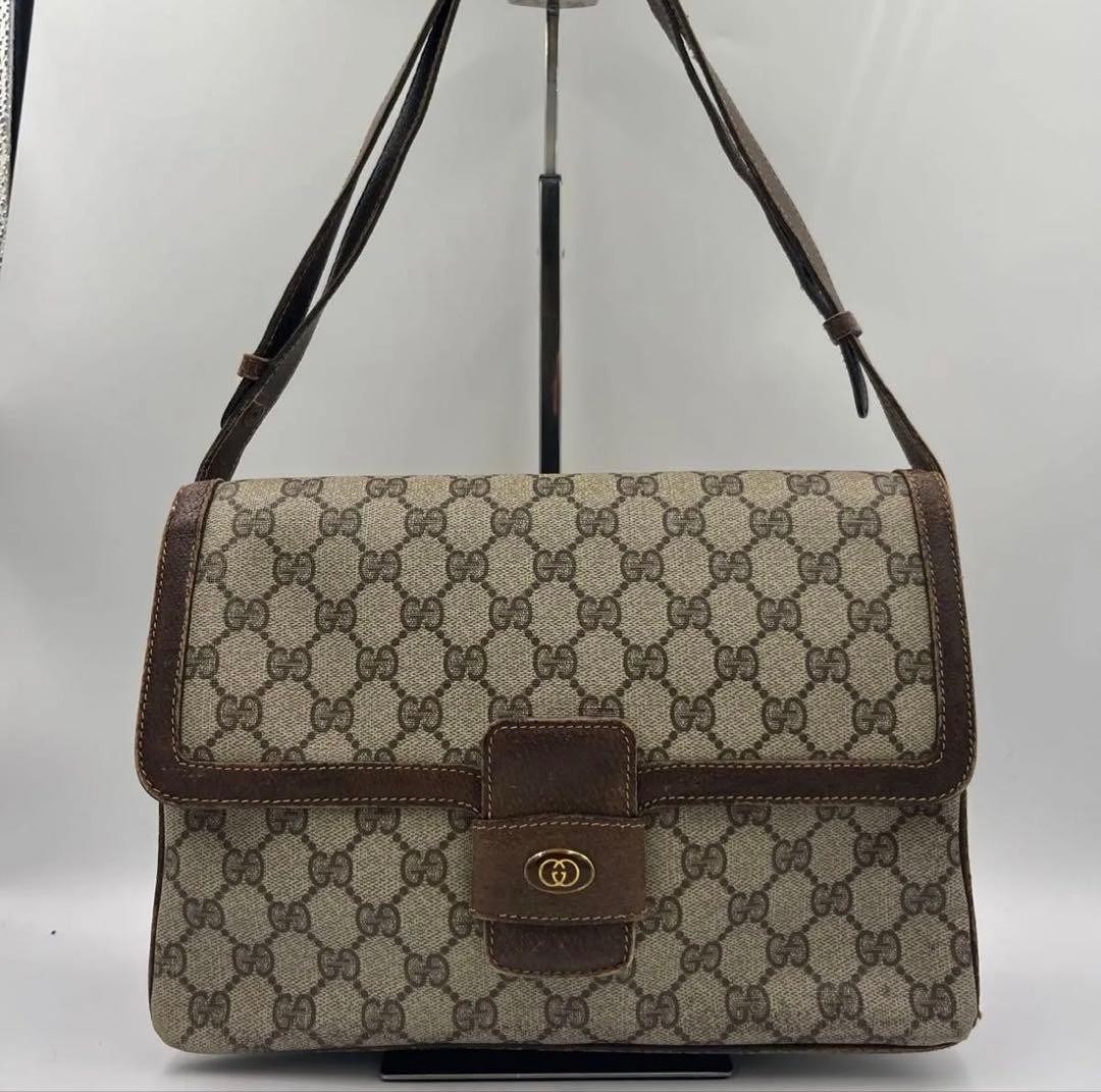 GUCCI Vintage GG Supreme PVC Flap Shoulder Bag Beige Brown 27x21cm Authentic