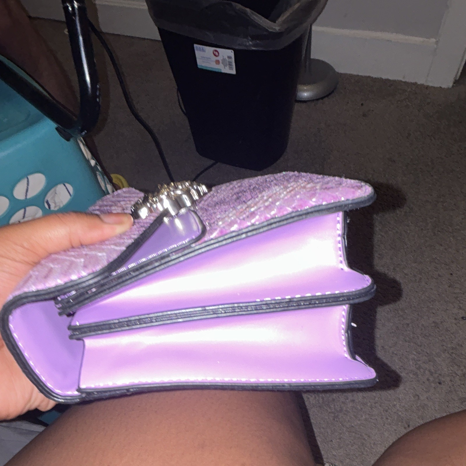 Purple Snake Print Small Shoulder Bag Silver Chain Strap Snap, Lined Pockets