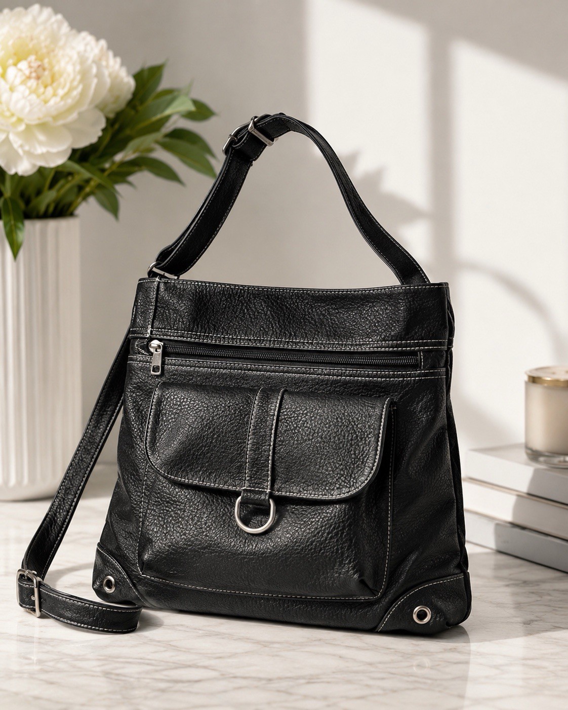 Black Faux Leather Crossbody Shoulder Bag Purse Front Pocket Adjustable Strap