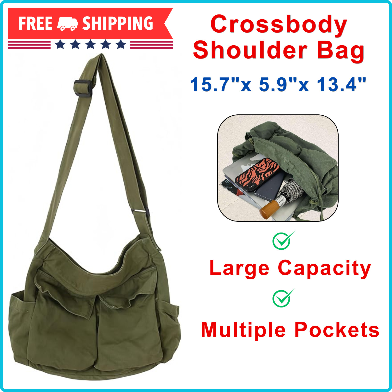 Large Canvas Messenger Crossbody Bags Travel Shoulder Bag With Adjustable Strap