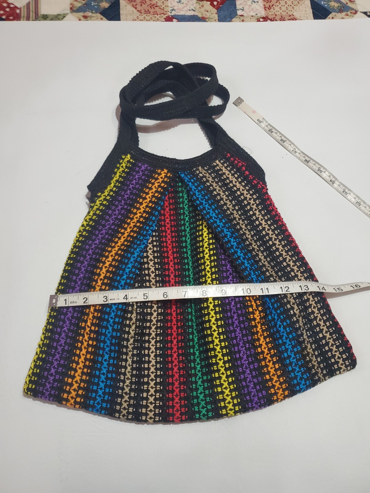 Vtg Striped Rainbow Crochet Knit Shoulder Bag, Lined, B28,