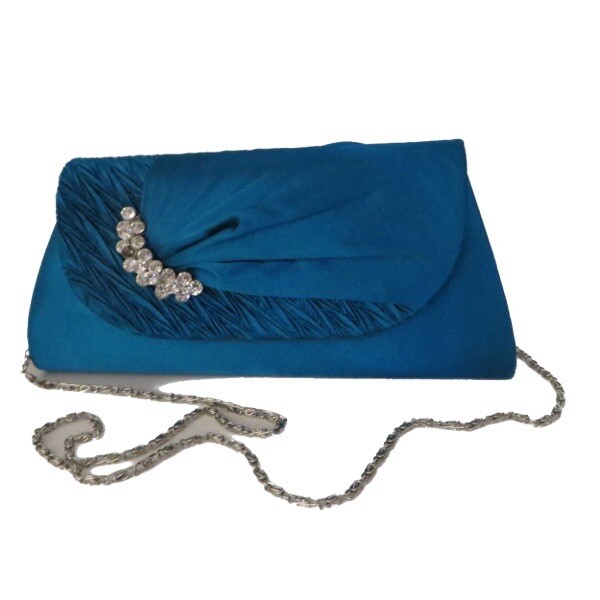 Party Satin Pleated clutch bag With Rhinestones. Black, Silver, DarkTeal (Blue)