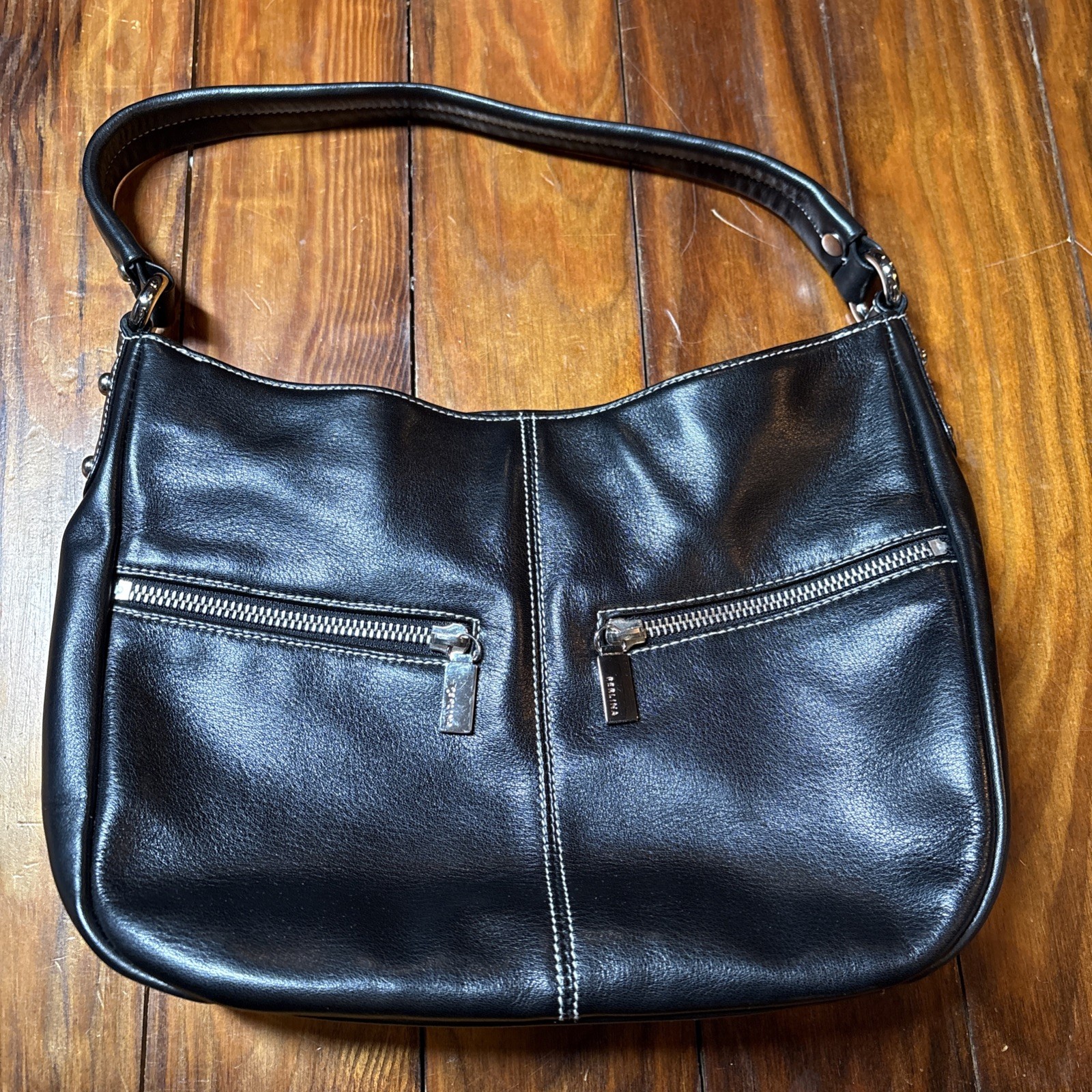 Perlina Black Soft Leather Handbag Silver Details Purse Trendy New York SED