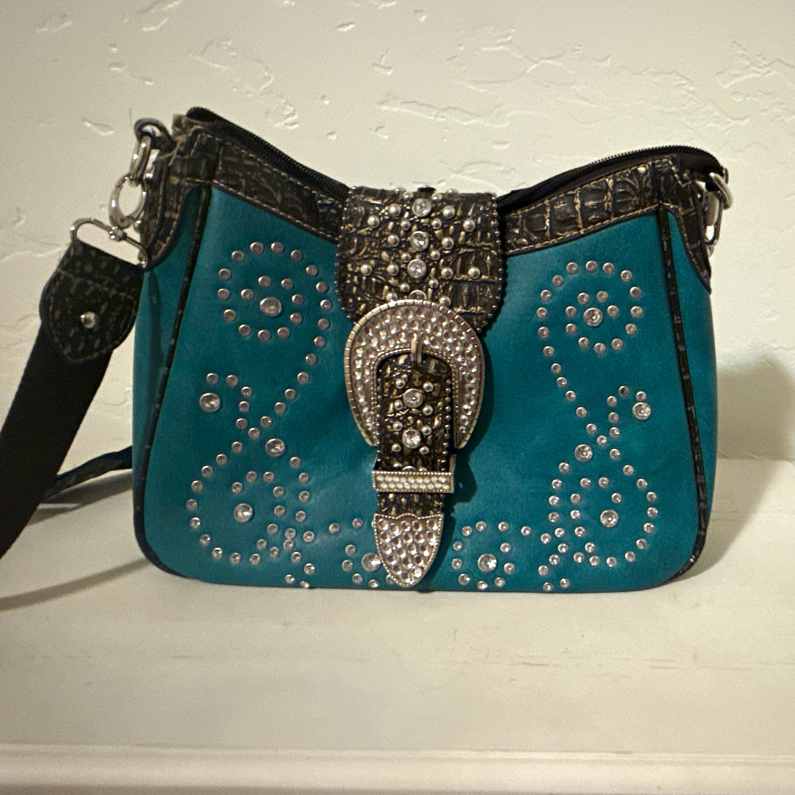Montana West Turquoise/Brown Studded Buckle Crossbody Bag Zip Pockets