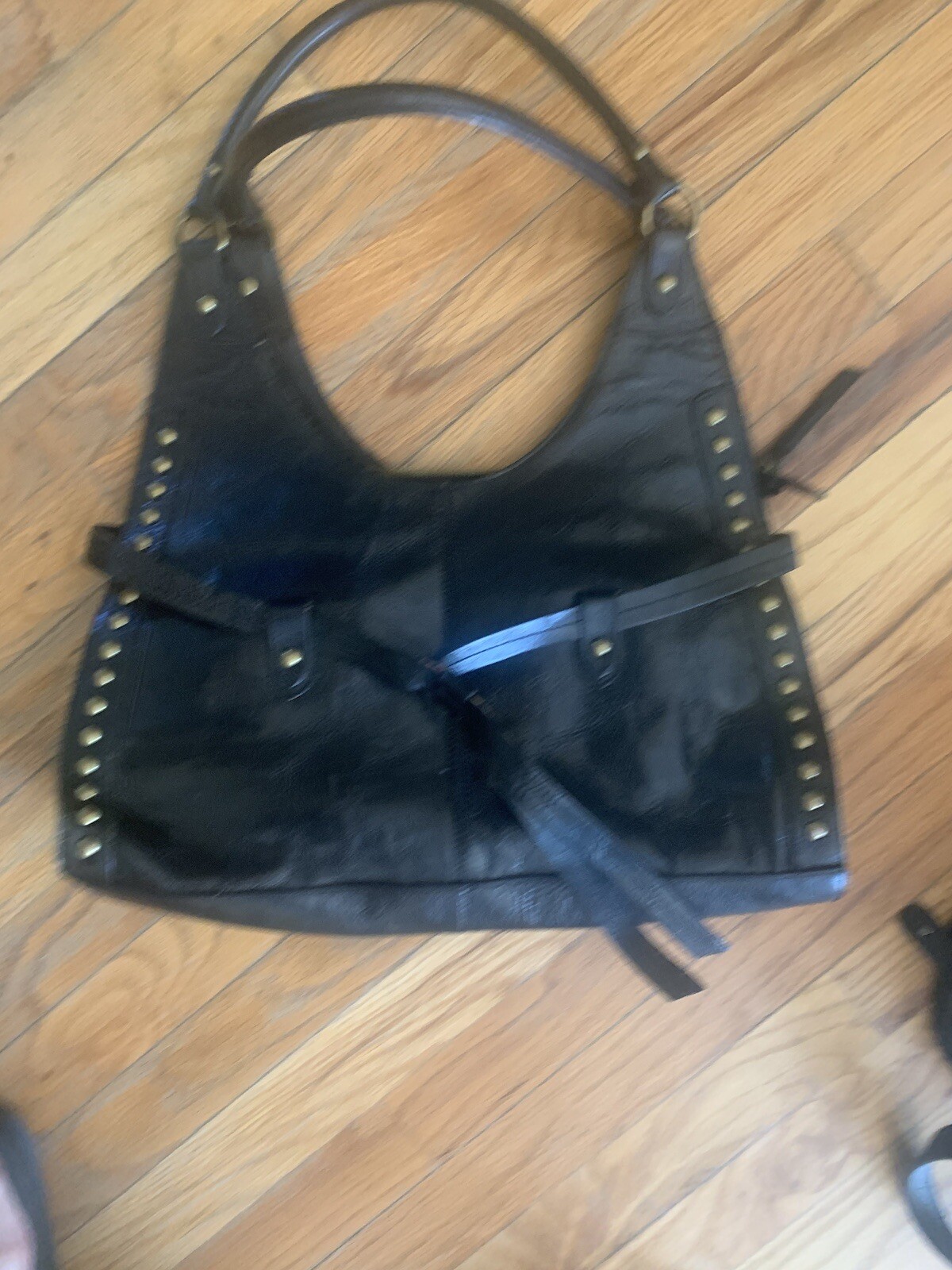 Perlina of New York Black Leather Purse w/ Antique Gold Accents 16 x 9